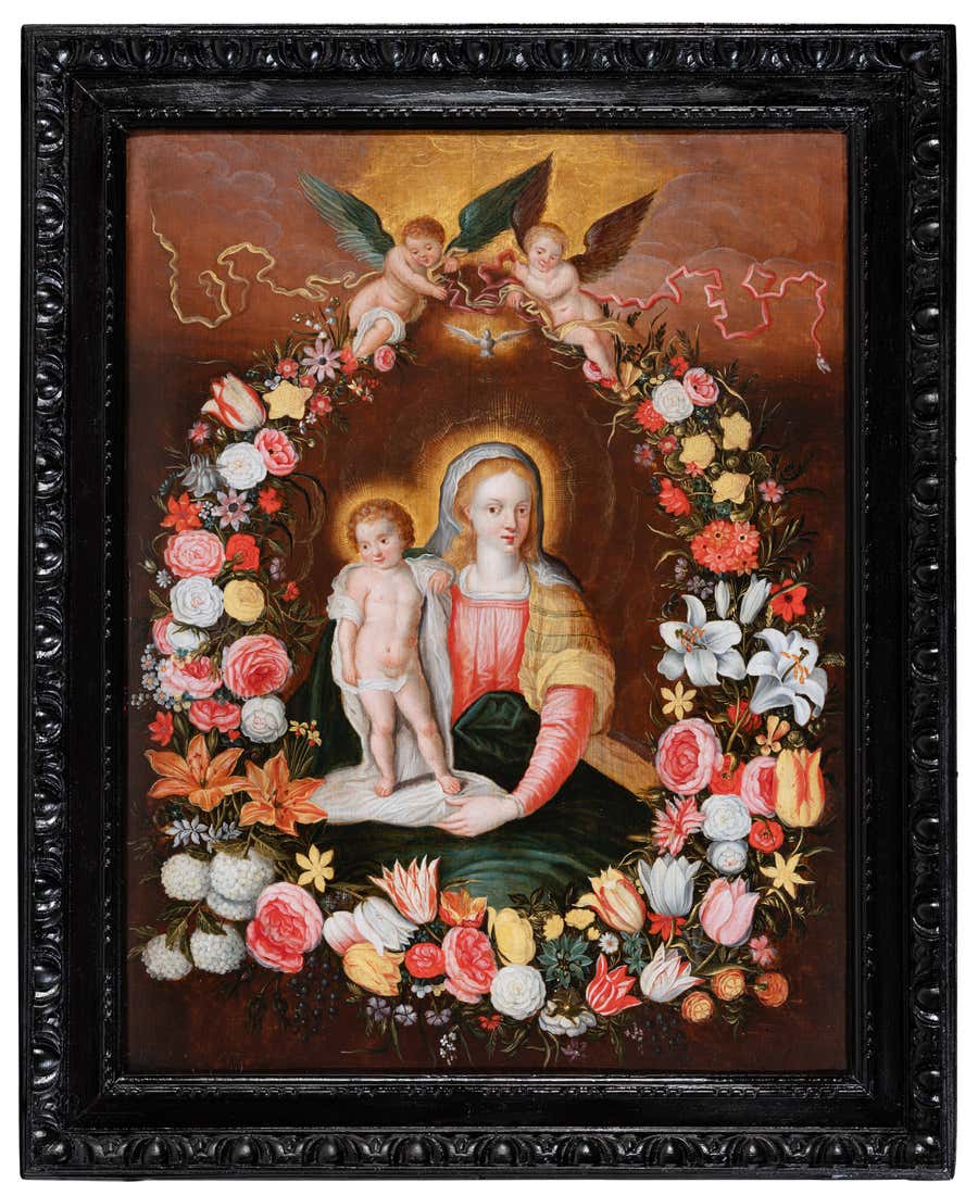 Virgin & Child in a Flower Garland, Flemish, 17th century, studio of F. Francken