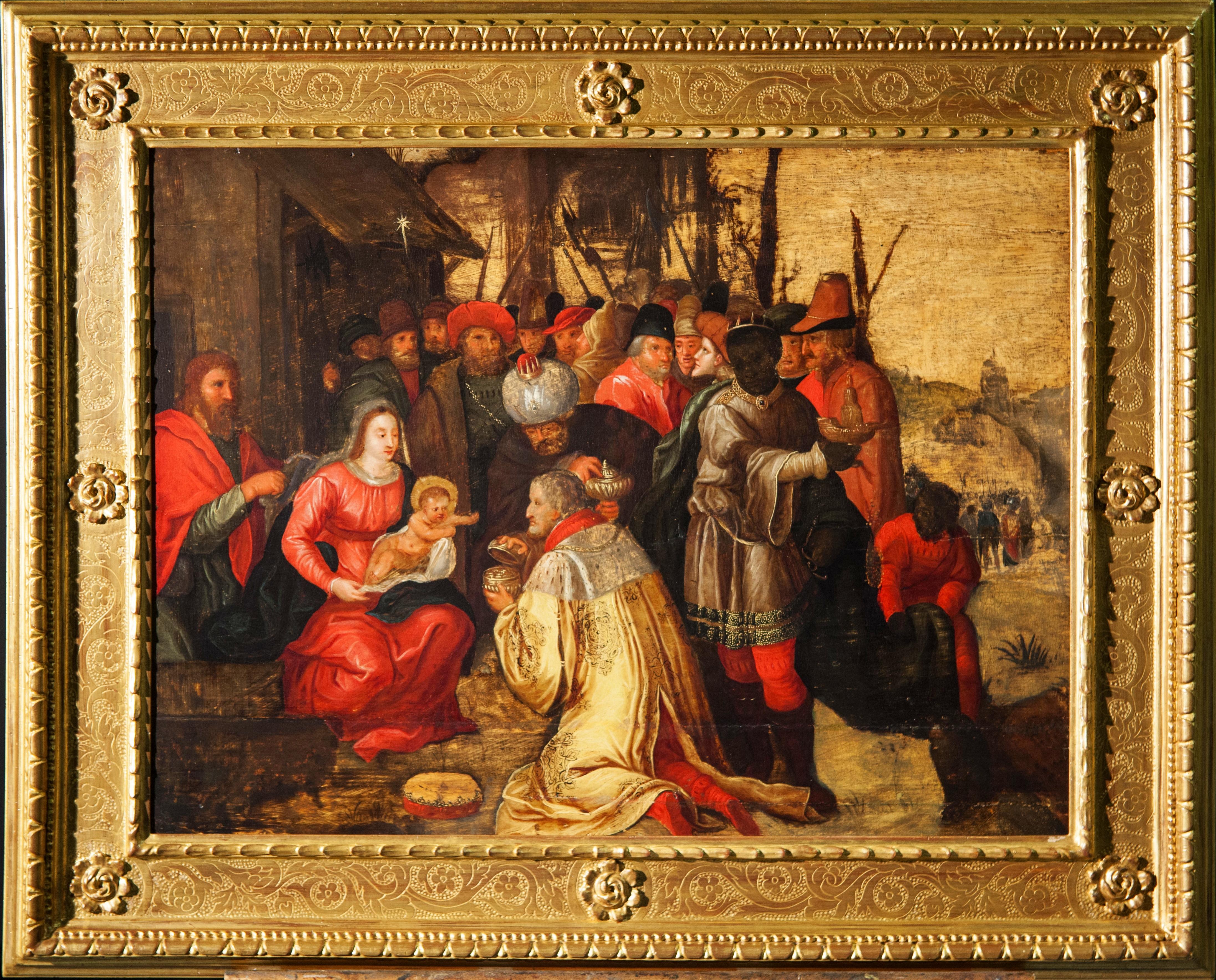 Frans Franken III and aid, Adoration of the Magi
Good condition
The oil painting on wood, with a gold background, depicts an Adoration of the Magi. The Magi are dressed in sumptuous silk and brocade dresses; they wear precious hats and jewelery. The