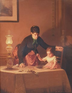 HASELEER Belgian 19th genre painting Interior Wood Mother playing child lamp