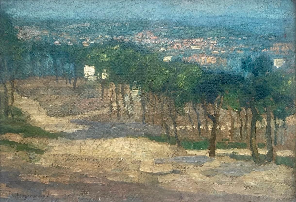 Scintillating Light: View from the Hills to the City, a winding path, Madrid - Painting by Frans Hogerwaard