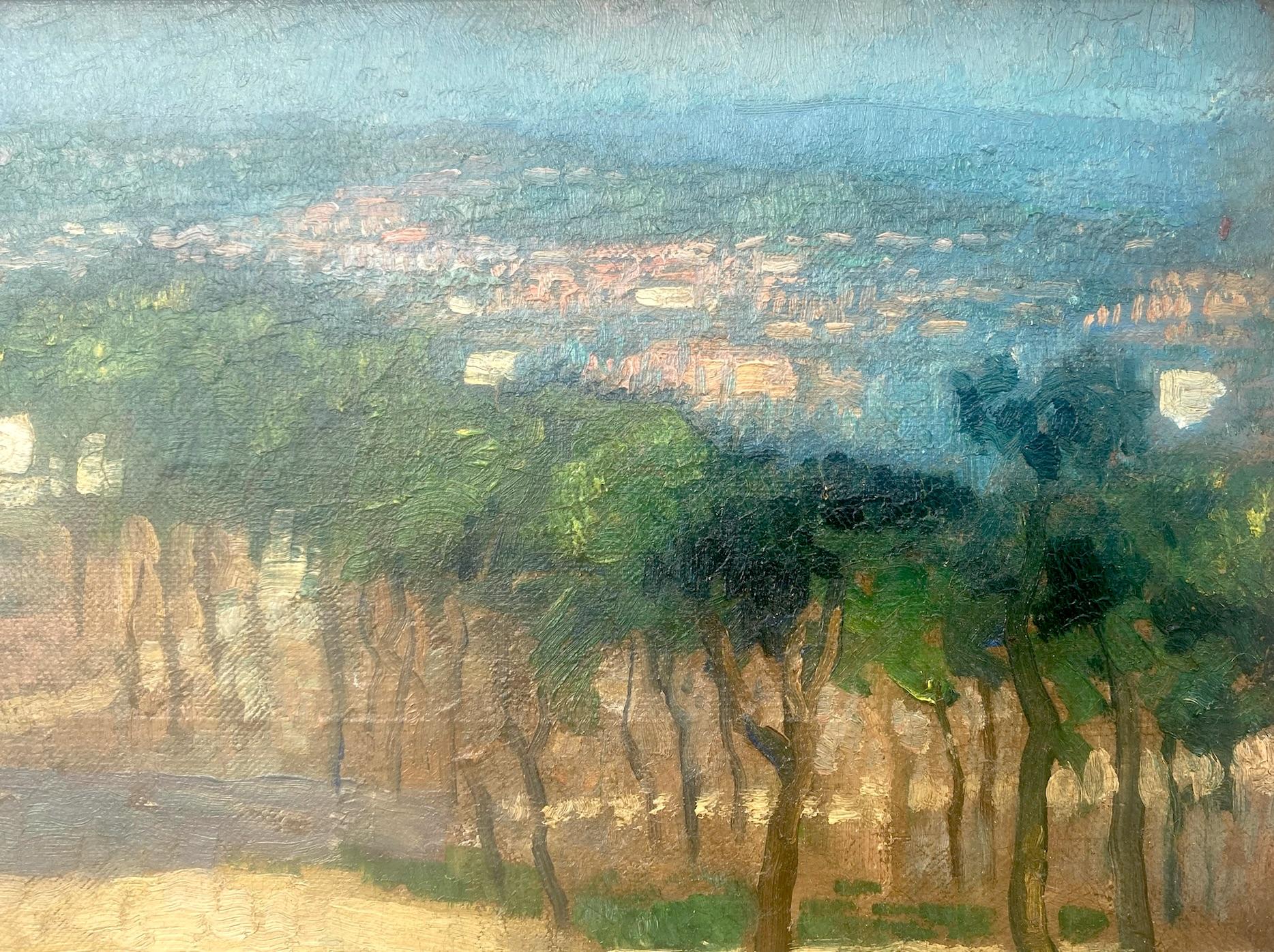 Scintillating Light: View from the Hills to the City, a winding path, Madrid - Brown Figurative Painting by Frans Hogerwaard