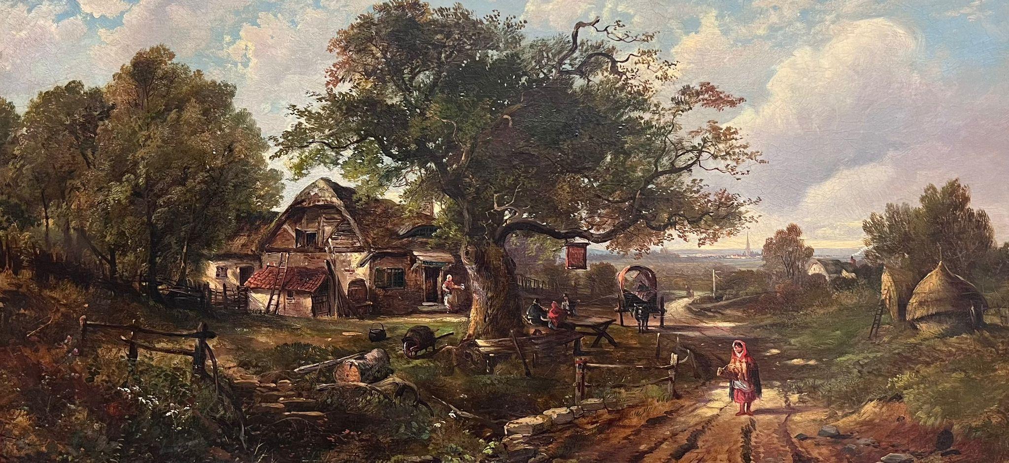 Fine Large 19th Century Rural Traditional Landscape Signed Oil Painting Figures  For Sale 1