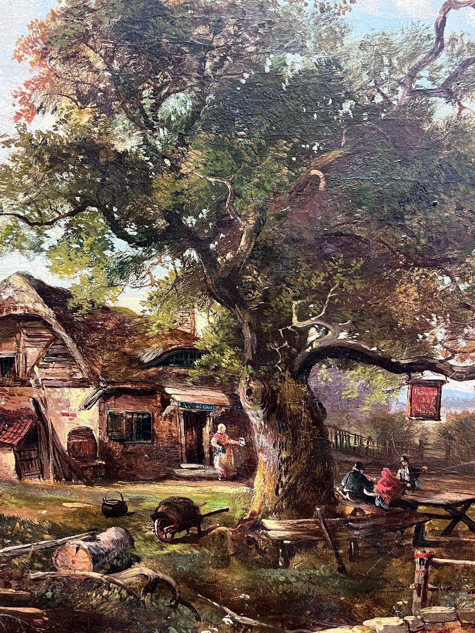 Fino Gran Paisaje Rural Tradicional del Siglo XIX Firmado Pintura al Óleo Figuras en venta 3