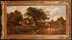 Grande dipinto ad olio del 19° secolo, paesaggio rurale tradizionale con firma di figure 