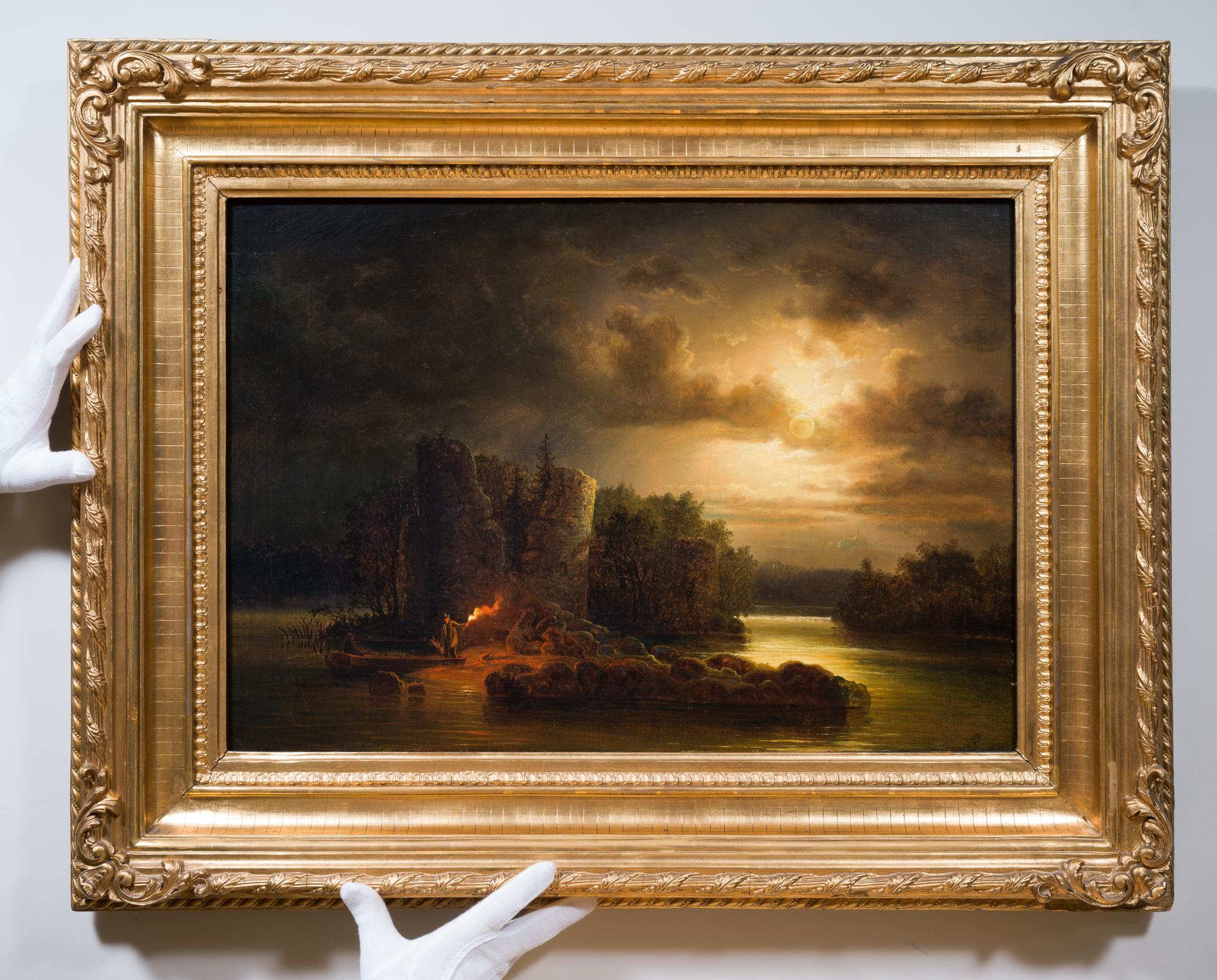 Flodlandskap i Månsken (Flusslandschaft im Mondlicht), 1866 – Painting von Frans Johan Roselli