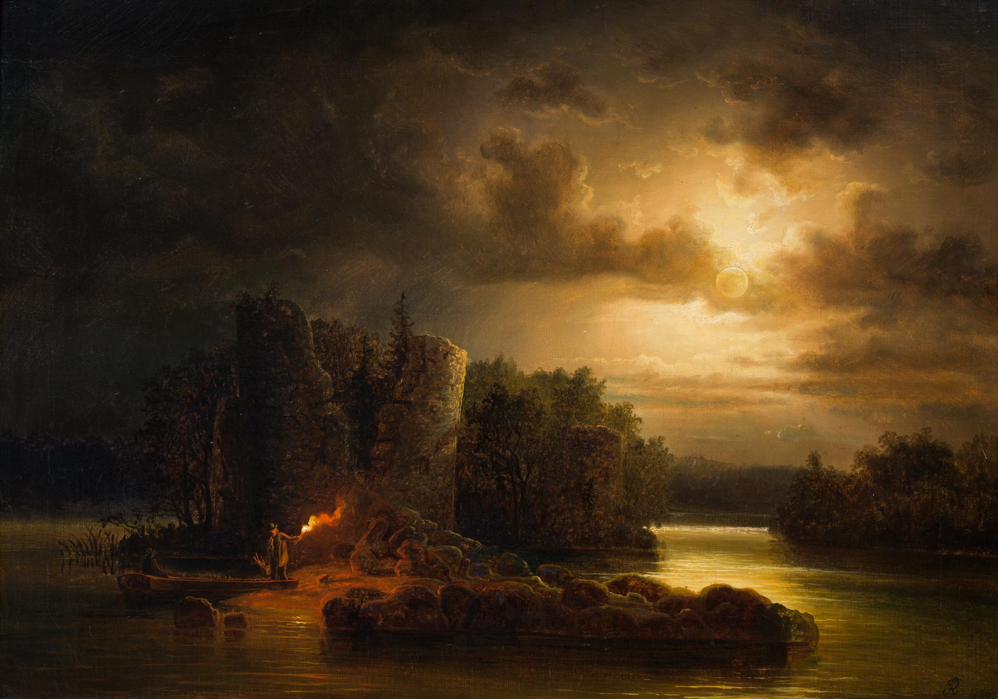 Flodlandskap i Månsken (Flusslandschaft im Mondlicht), 1866 (Romantik), Painting, von Frans Johan Roselli