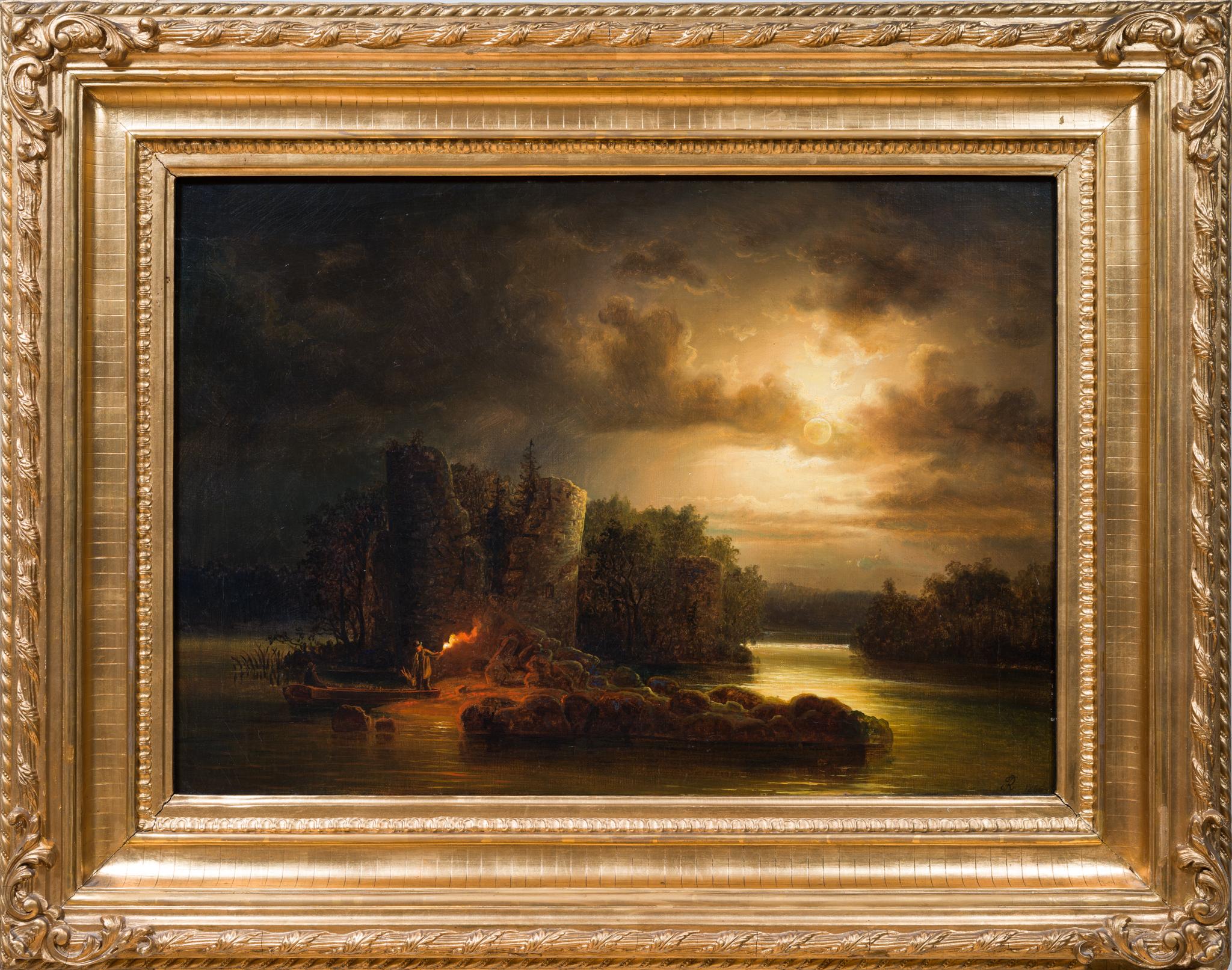 Flodlandskap i Månsken (Flusslandschaft im Mondlicht), 1866 (Braun), Landscape Painting, von Frans Johan Roselli