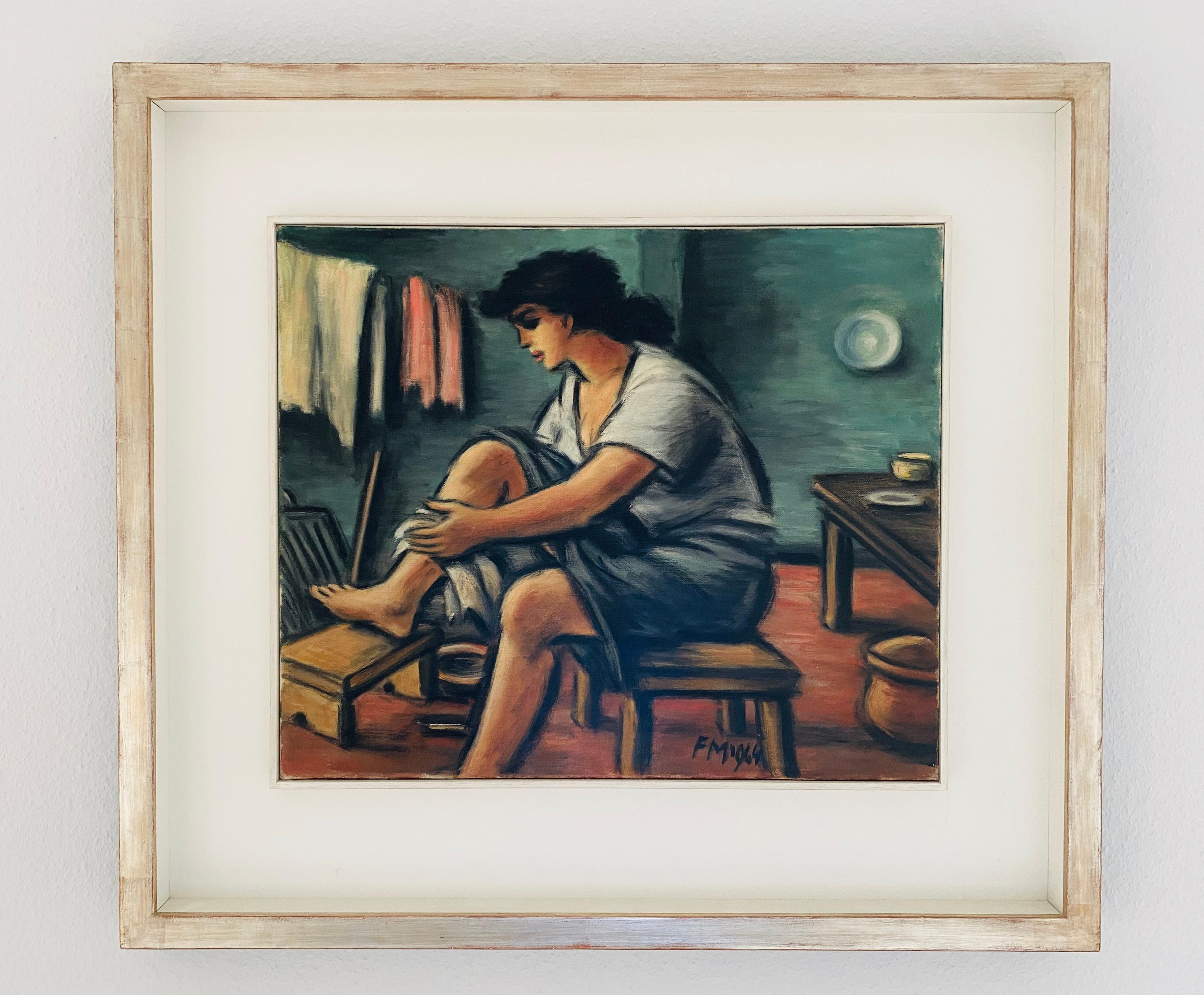 Early Morning - Laure, 1964, oil on canvas, female study, figurative, interior - Painting by Frans Masereel
