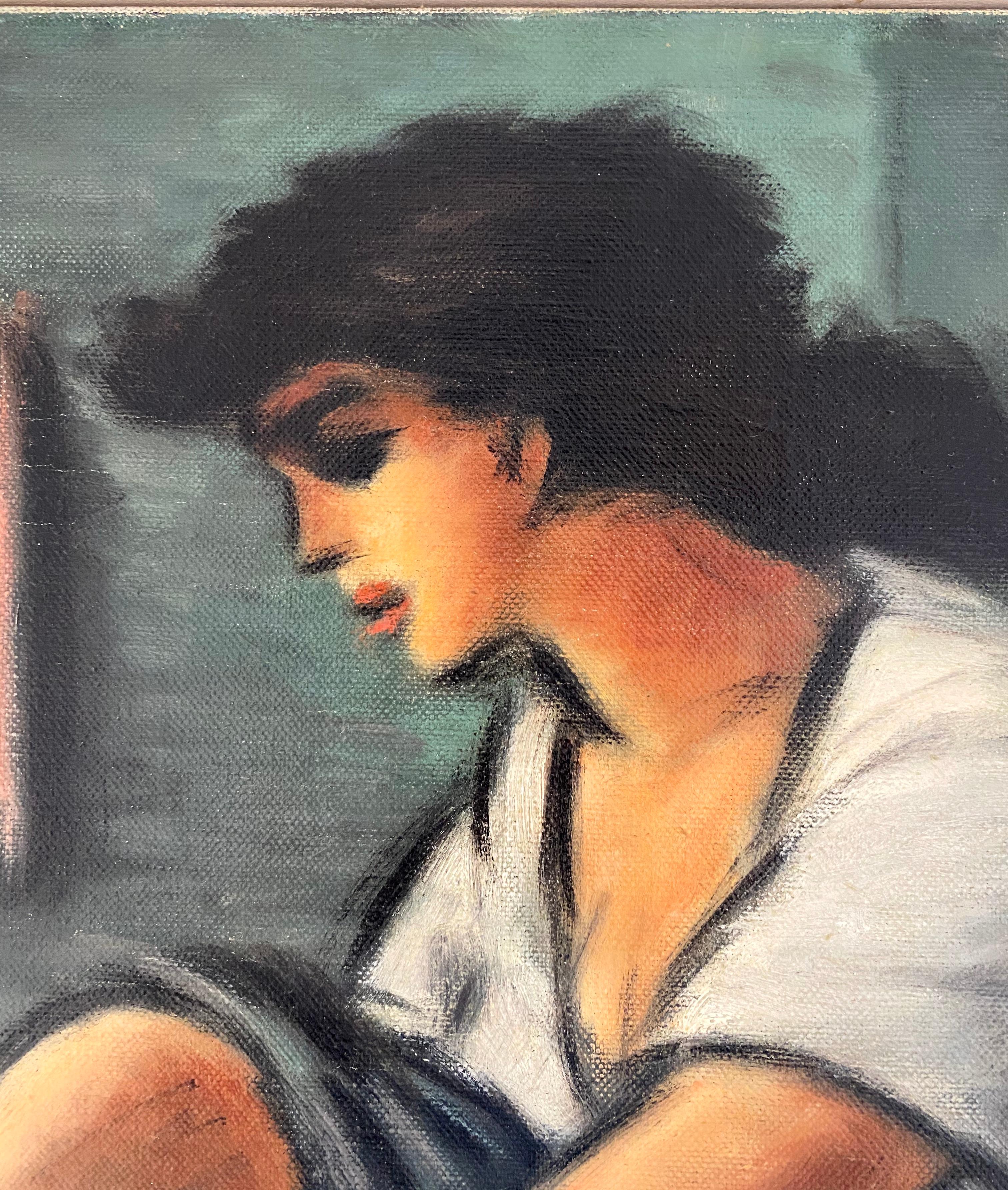 Early Morning - Laure, 1964, oil on canvas, female study, figurative, interior - Expressionist Painting by Frans Masereel