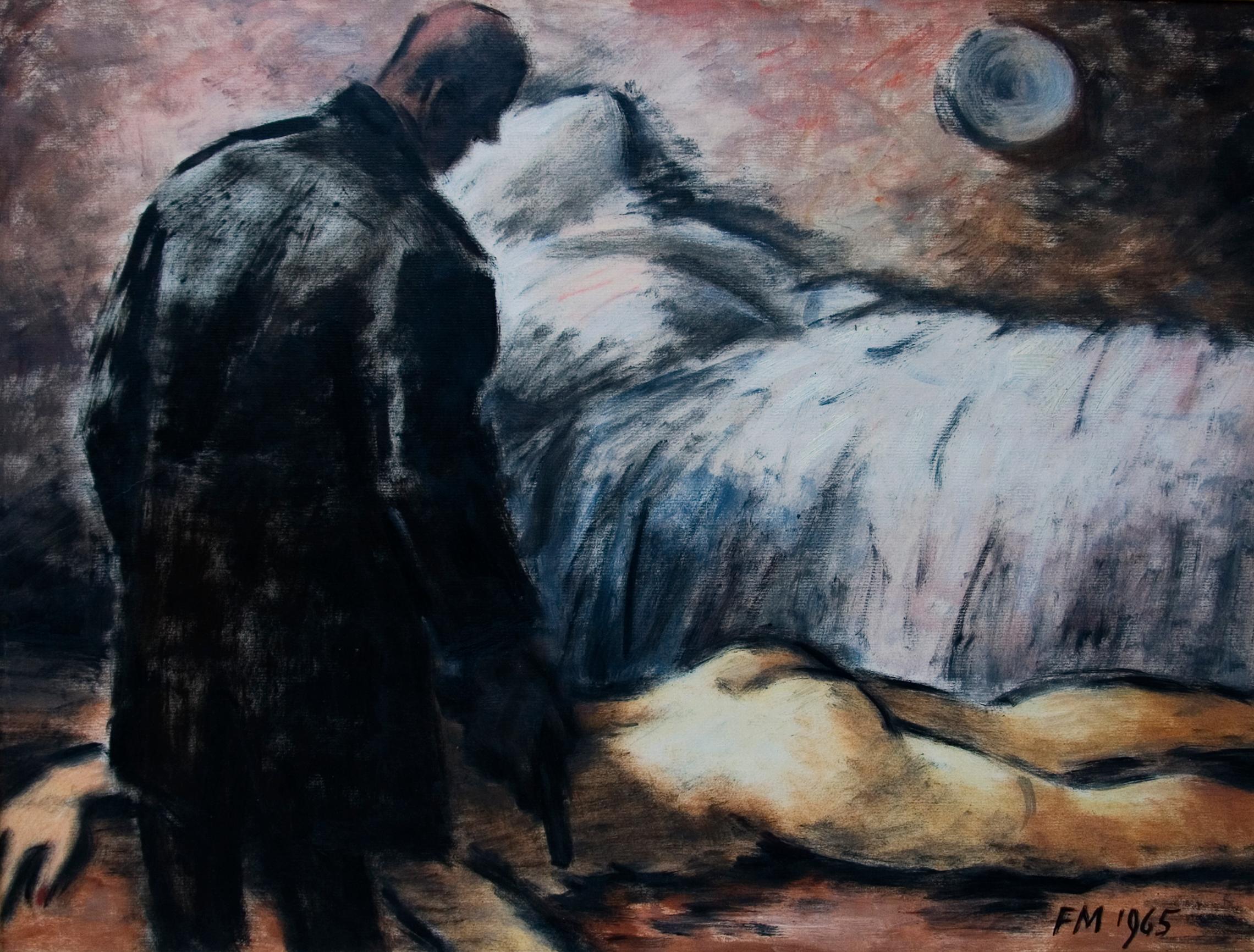 Frans Masereel Figurative Painting - Un Crime Passionell - Gouache, Ink, Cool Tones, Dynamic, Social Criticism