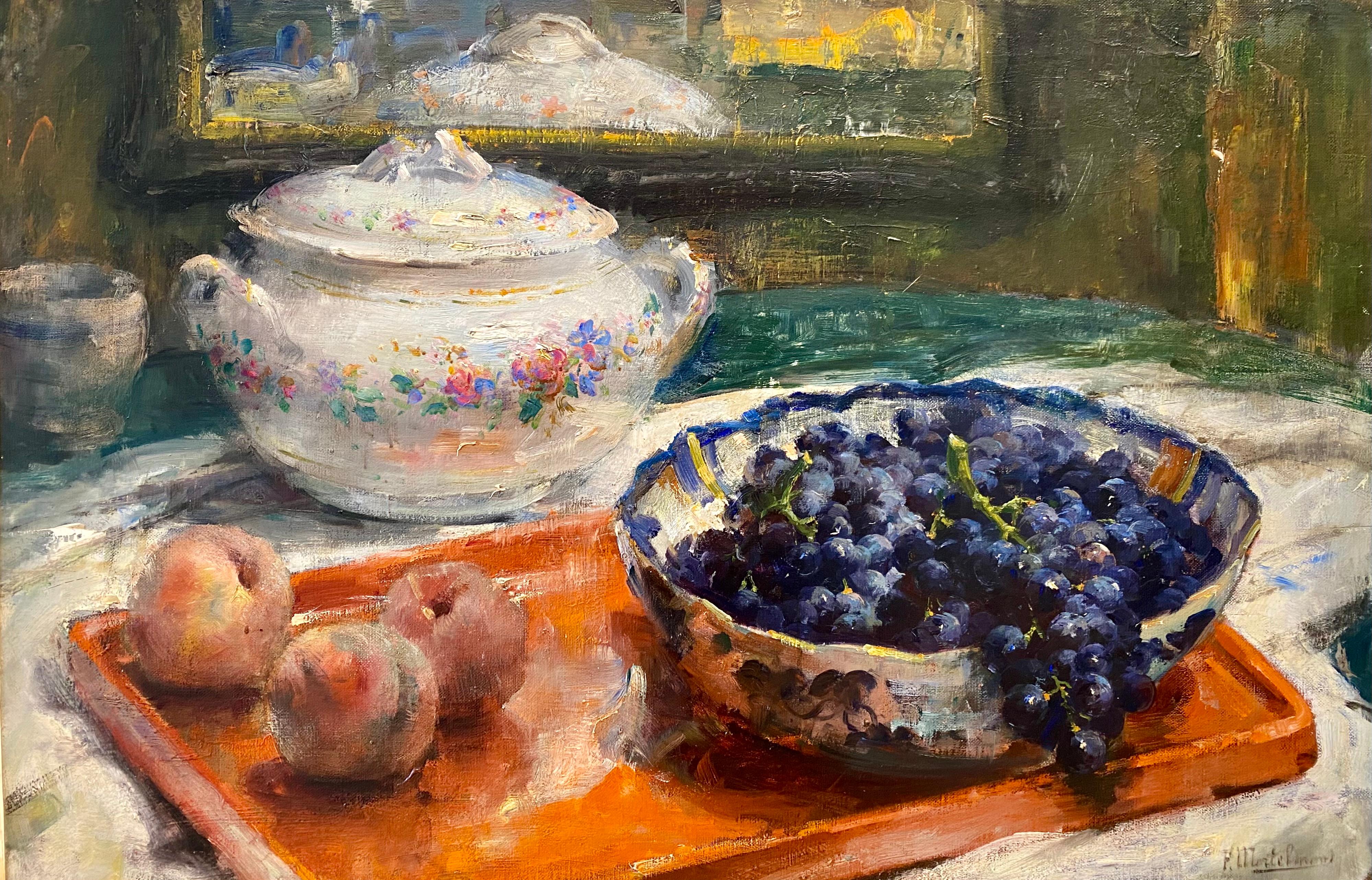 Natura morta con porcellana e frutta' Frans Mortelmans (1865 - Anversa - 1936) in vendita 1