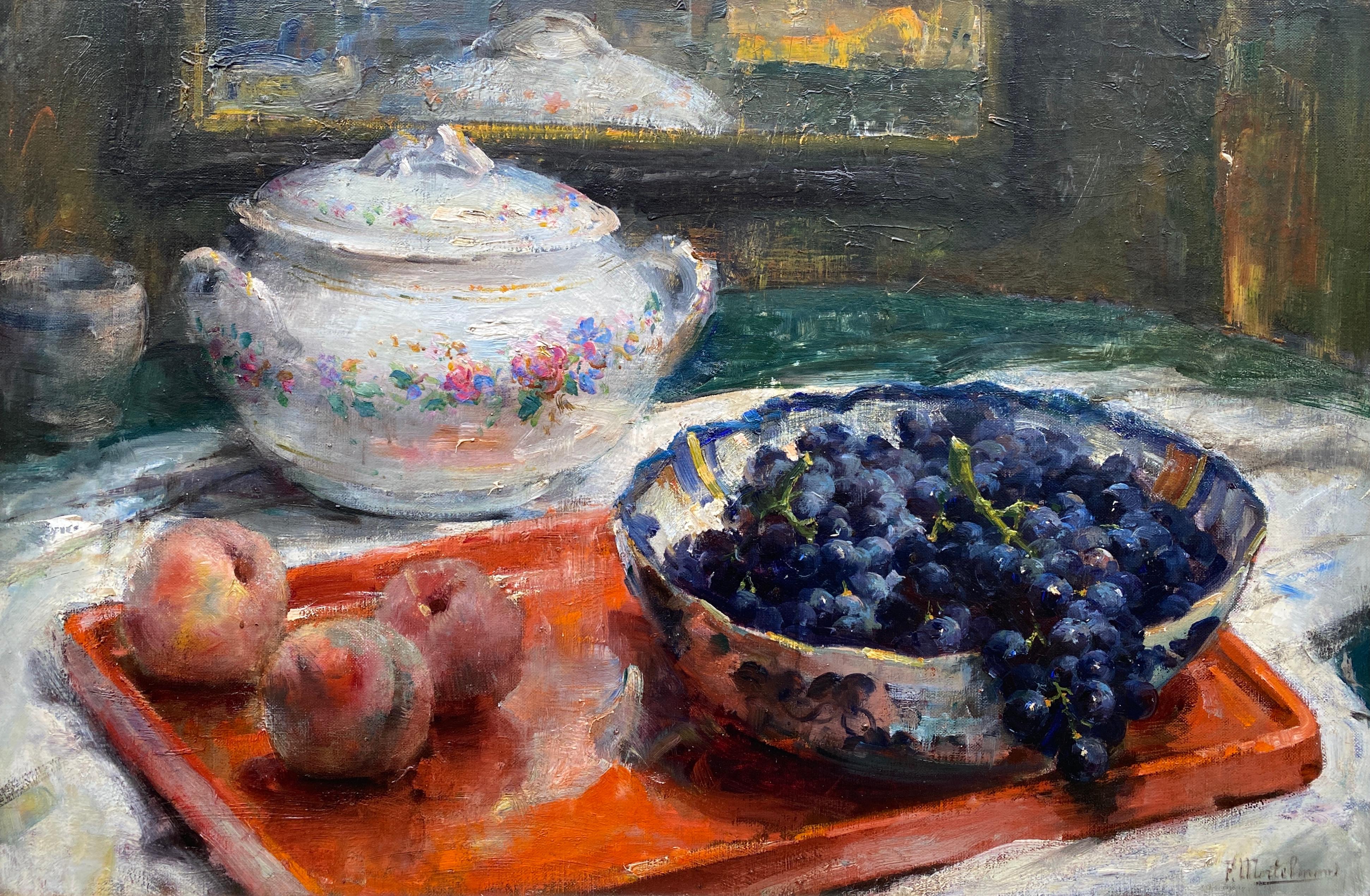 A Still Life with Porcelain and Fruit, Mortelmans Frans, Antwerp 1865 – 1936 - Painting by Frans Mortelmans