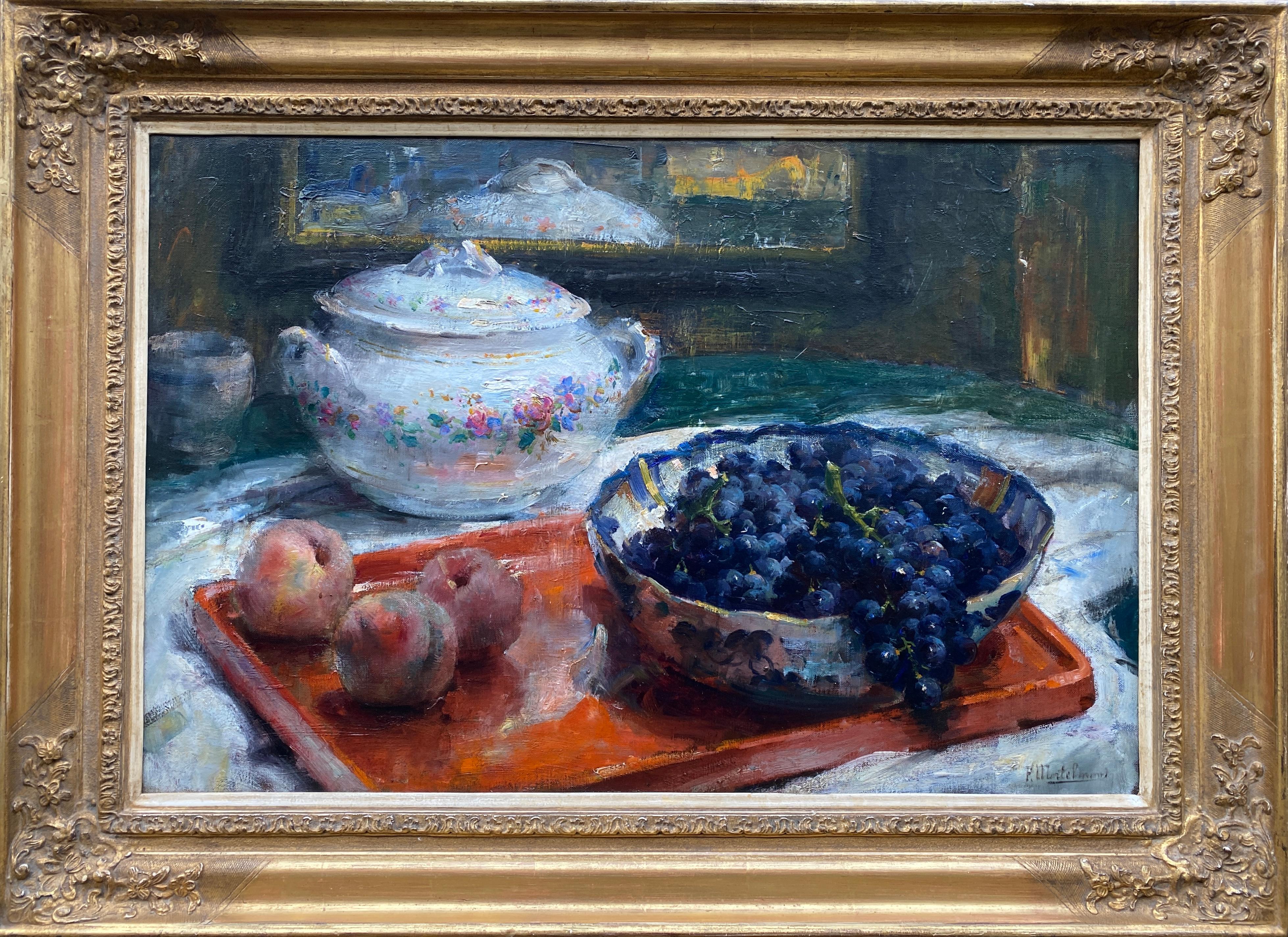 Frans Mortelmans Interior Painting - A Still Life with Porcelain and Fruit, Mortelmans Frans, Antwerp 1865 – 1936