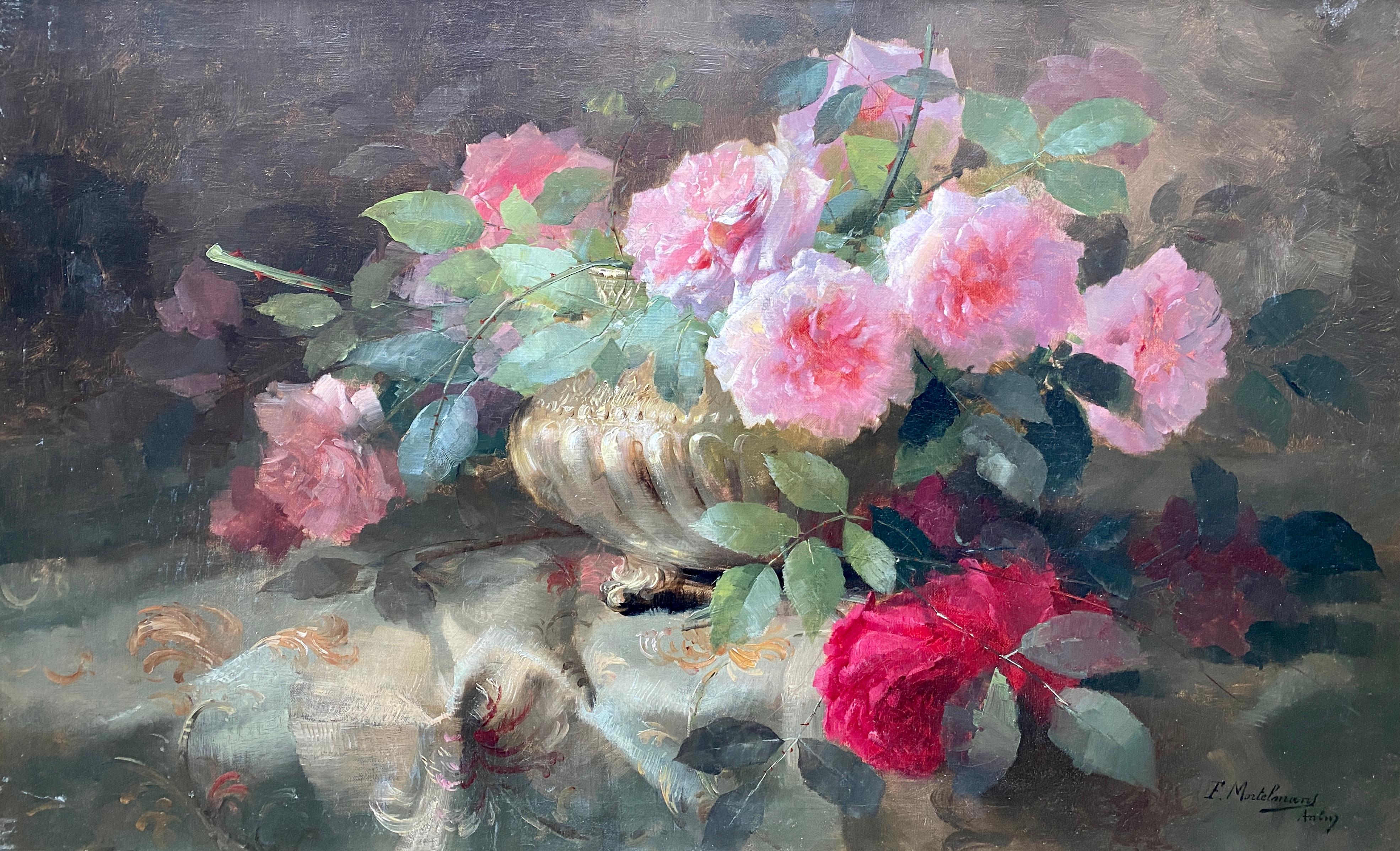 Nature morte avec des roses dans un bol en argent, Frans Mortelmans, Anvers 1865 - 1936 1