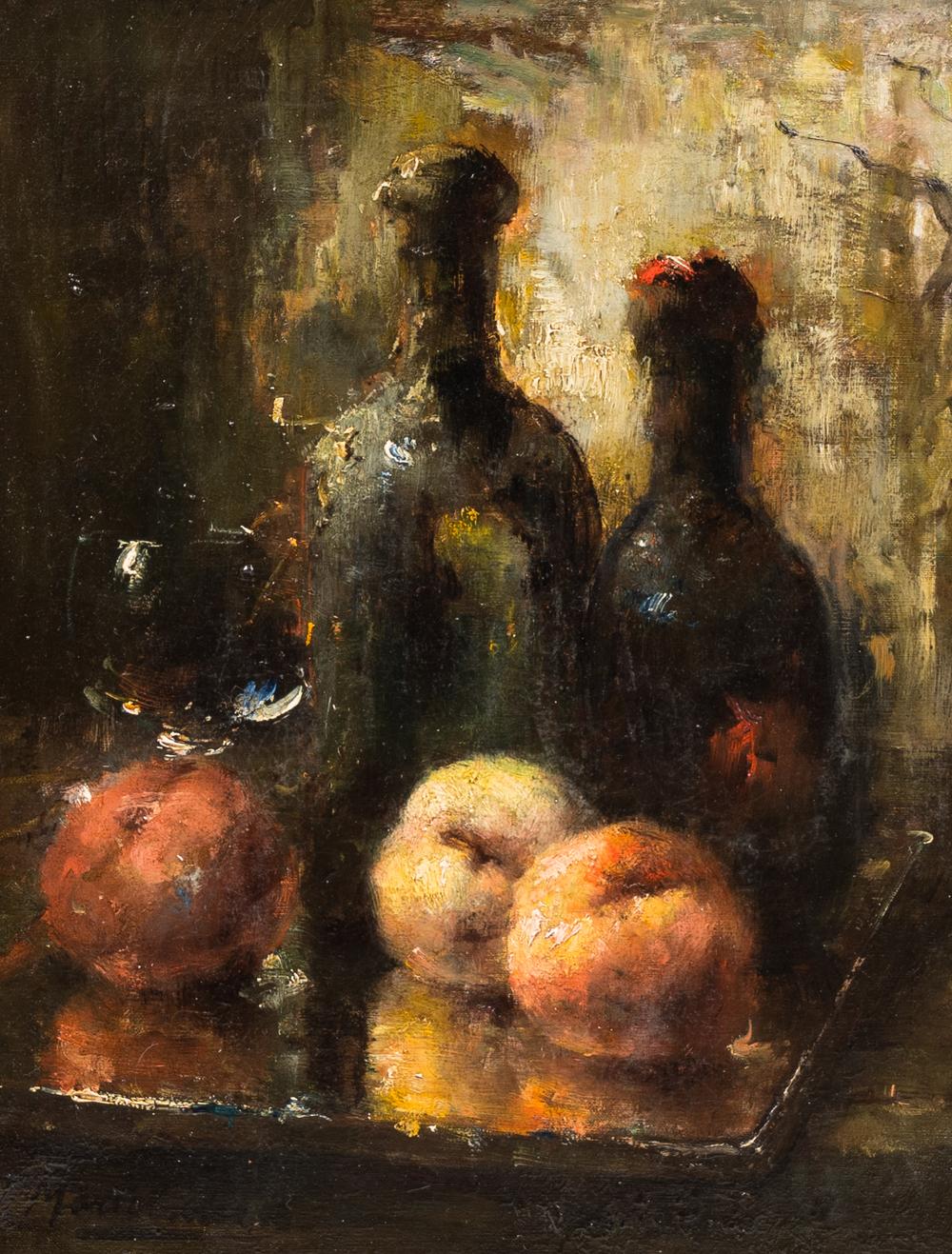 Still life oil painting of peaches, a wine glass and bottles by Frans Mortelmans 1