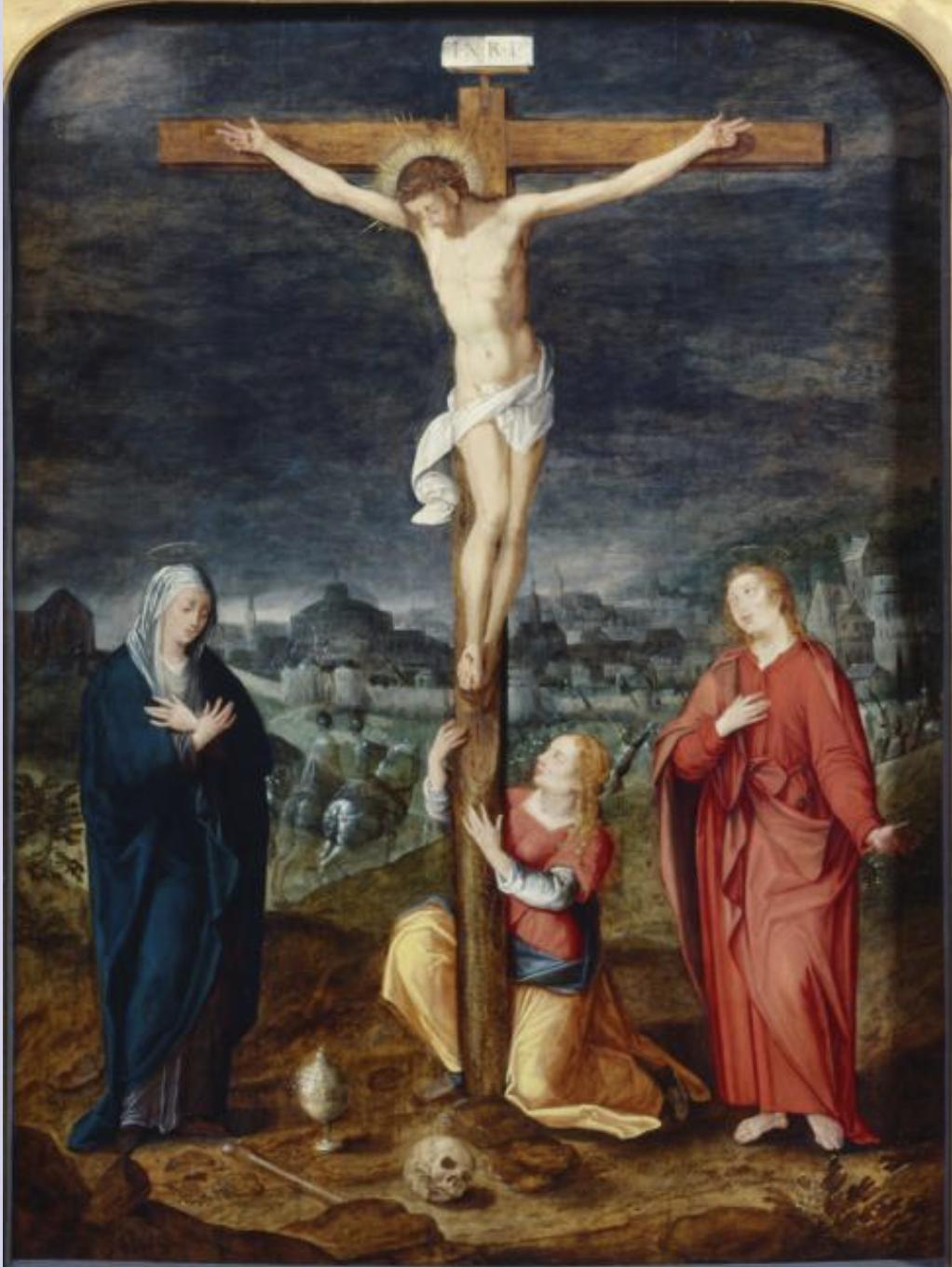 16th century crucifixion scene - Flemish old master - Antwerp, Bruges - Black Figurative Painting by Frans Pourbus the Elder