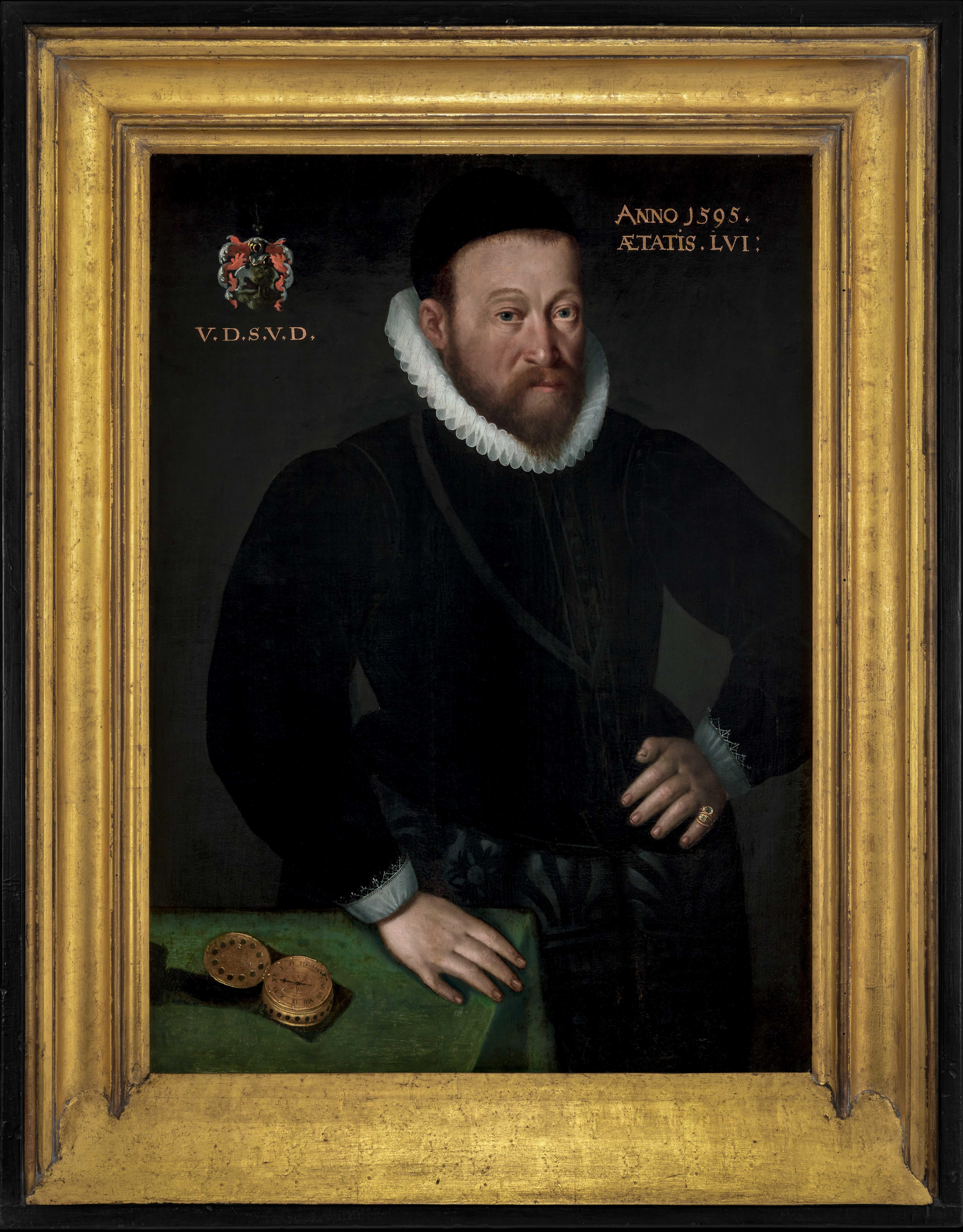 Frans Pourbus the Younger Portrait Painting - Civic Portrait of a Gentleman in a Doublet beside a Table with Clock, dated 1595