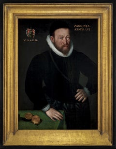 Antique Civic Portrait of a Gentleman in a Doublet beside a Table with Clock, dated 1595