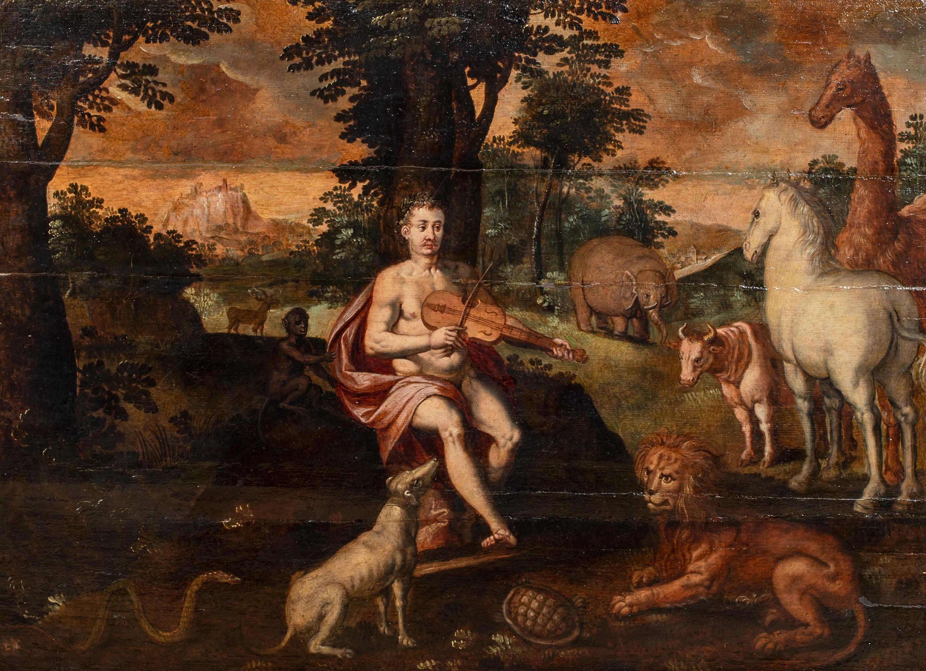 Orfeo che incanta gli animali, XVI secolo - Portrait Painting Marrone di Frans Pourbus the Younger