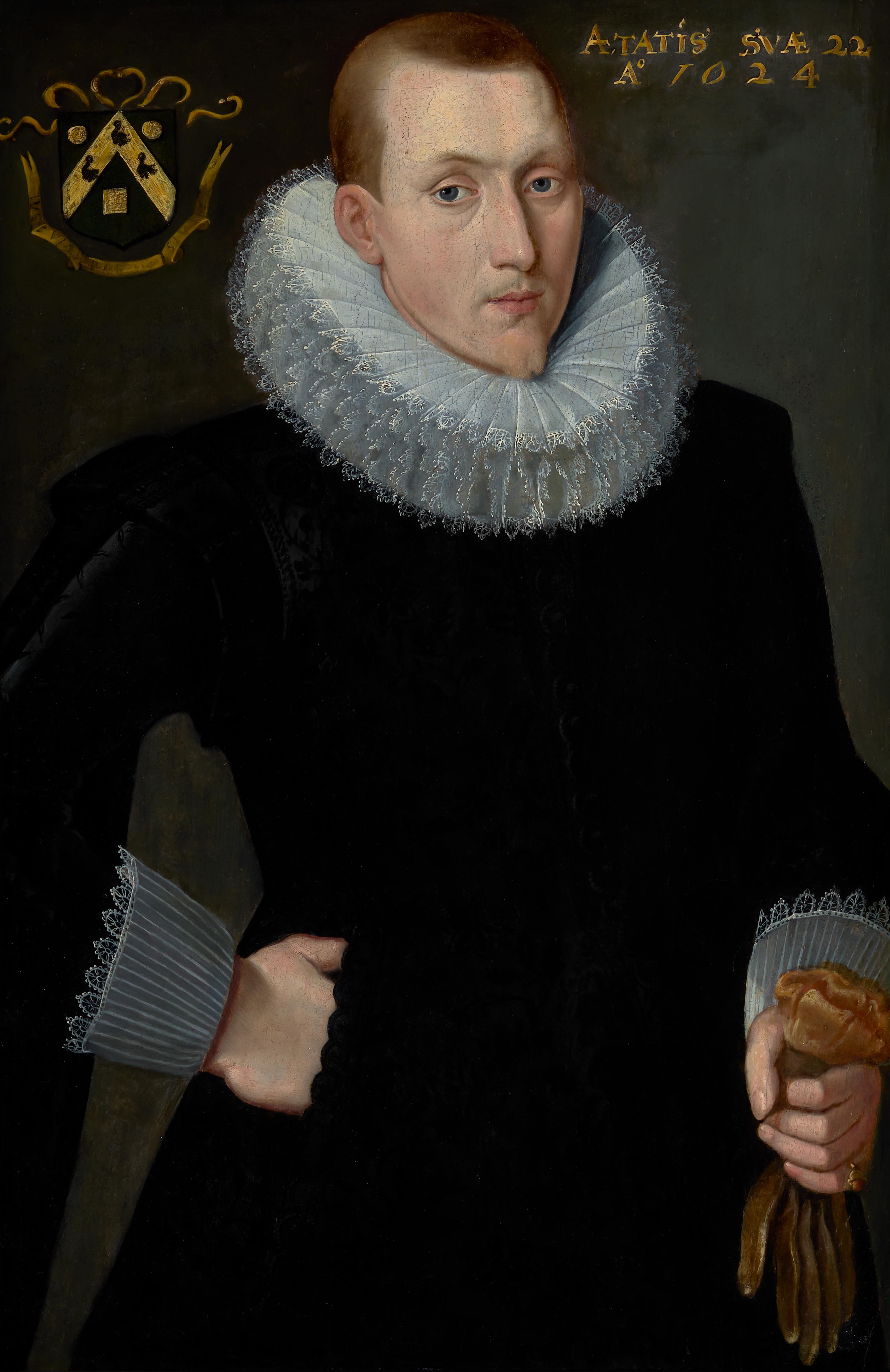 Ritratto di gentiluomo con doppietta e guanti bianchi, inscritto nel 1624, su pannello - Portrait Painting Nero di Frans Pourbus the Younger