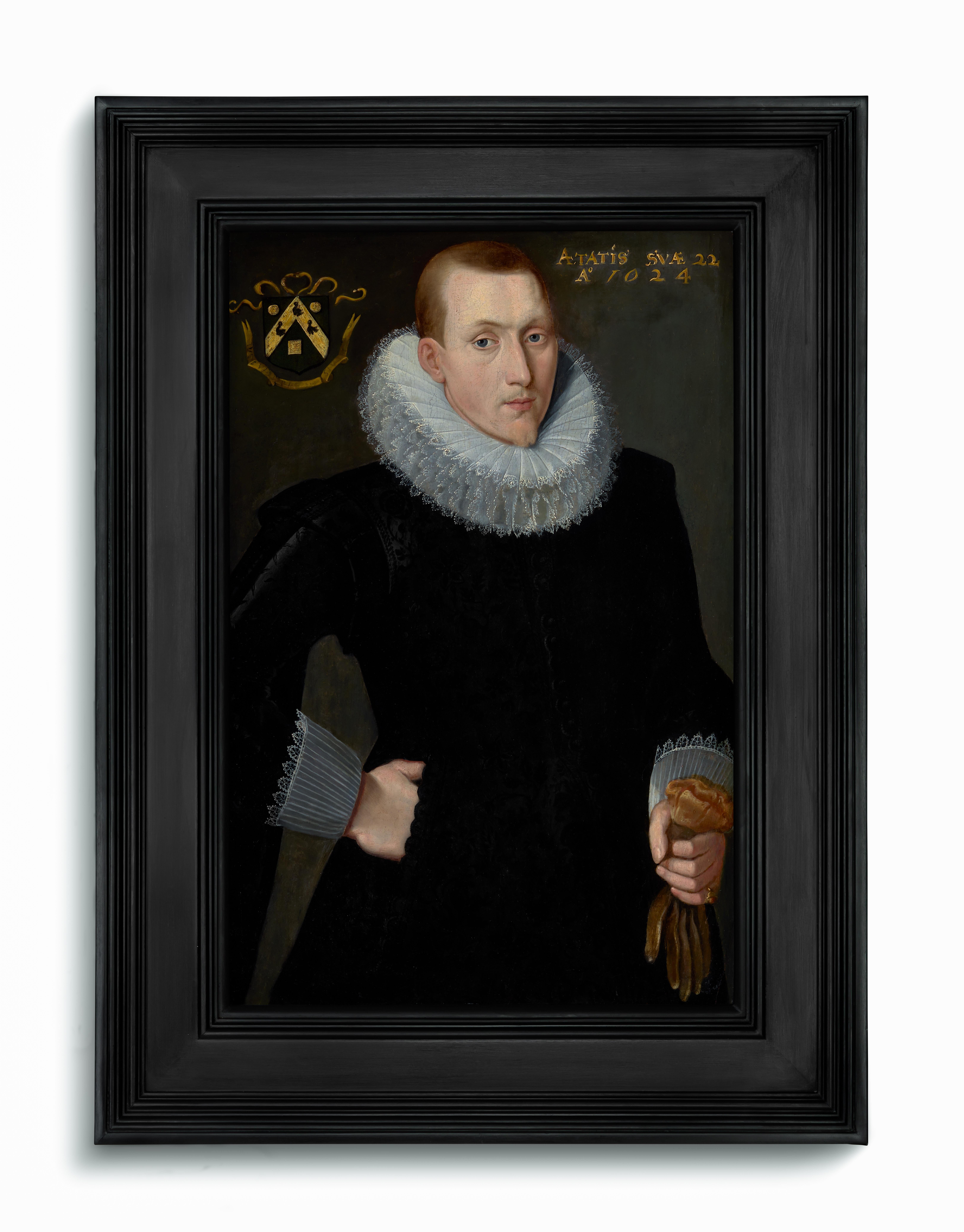 Retrato de caballero, jubón y ruff blanco, guantes Inscripción 1624, sobre tabla