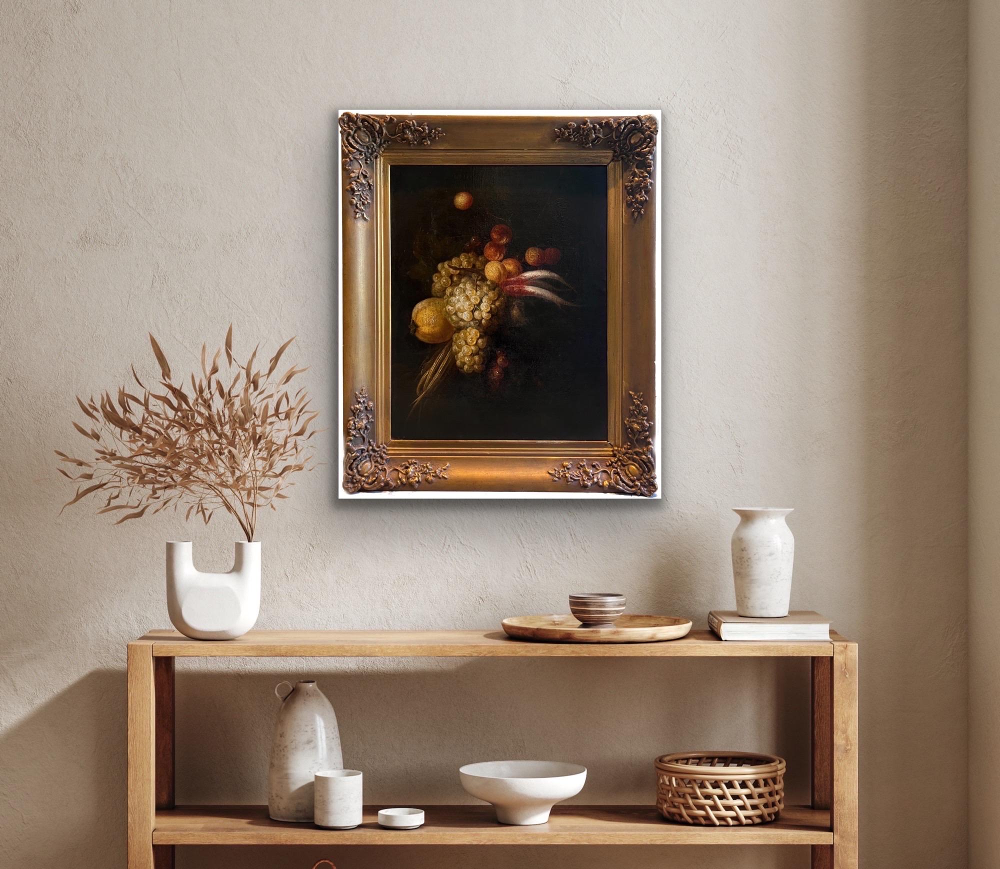 17th century Still-life Opulent display of grapes, prunes and a lemon - Painting by Frans Van Everbroeck (antwerp, 1628 - London 1693)