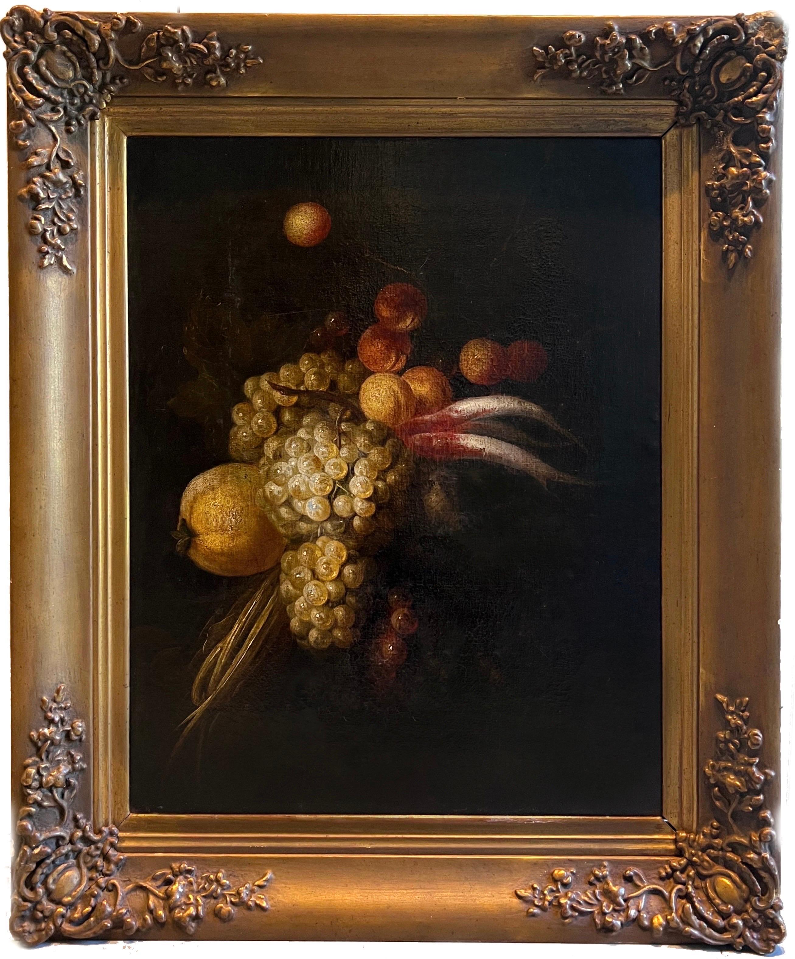 17th century Still-life Opulent display of grapes, prunes and a lemon
