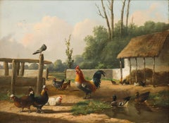 Frans van Leemputten (1850-1914) - Óleo enmarcado, Aves de corral en un corral