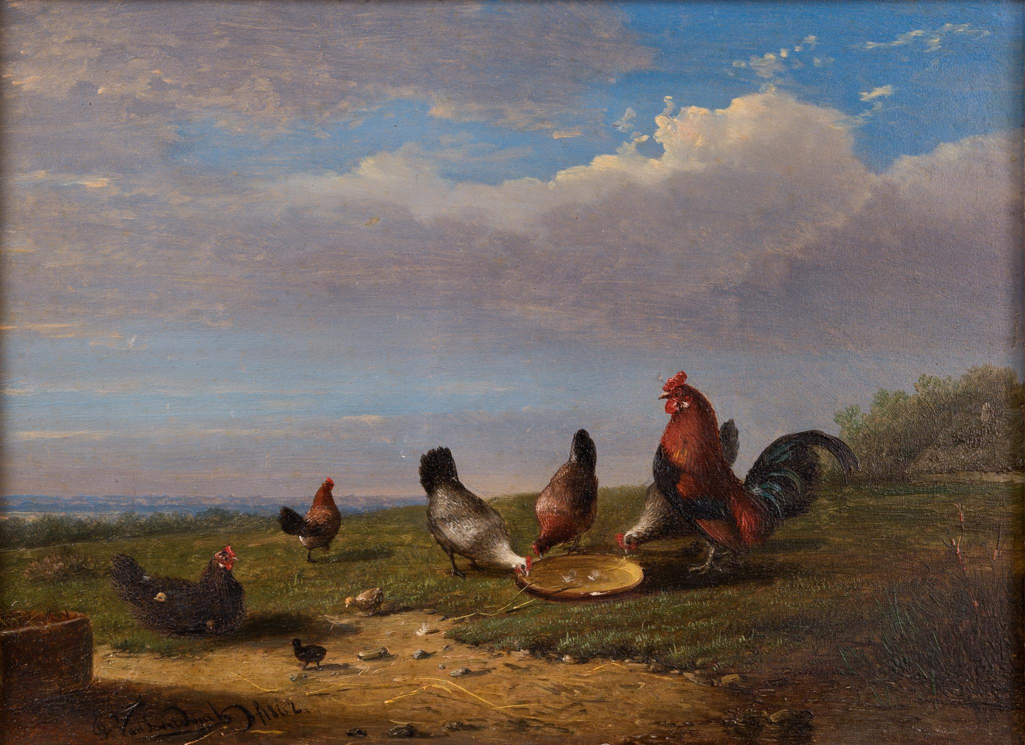 Rooster and Hens at Daybreak by Frans van Severdonck, 1862 - Painting by Frans van Severdonck 