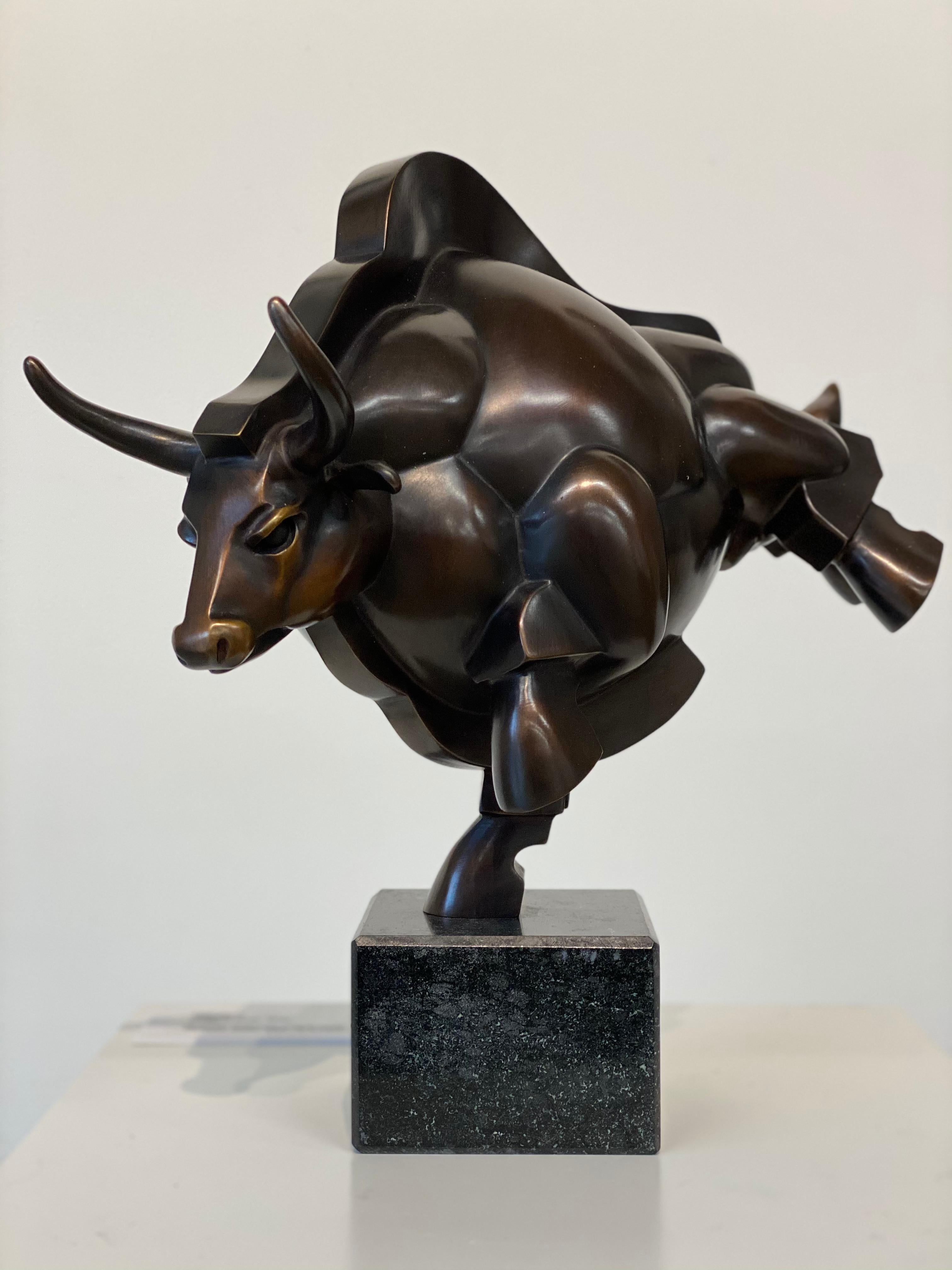 Frans van Straaten Figurative Sculpture - Bull Power- 21st Century Contemporary Bronze Sculpture of a Bull Running