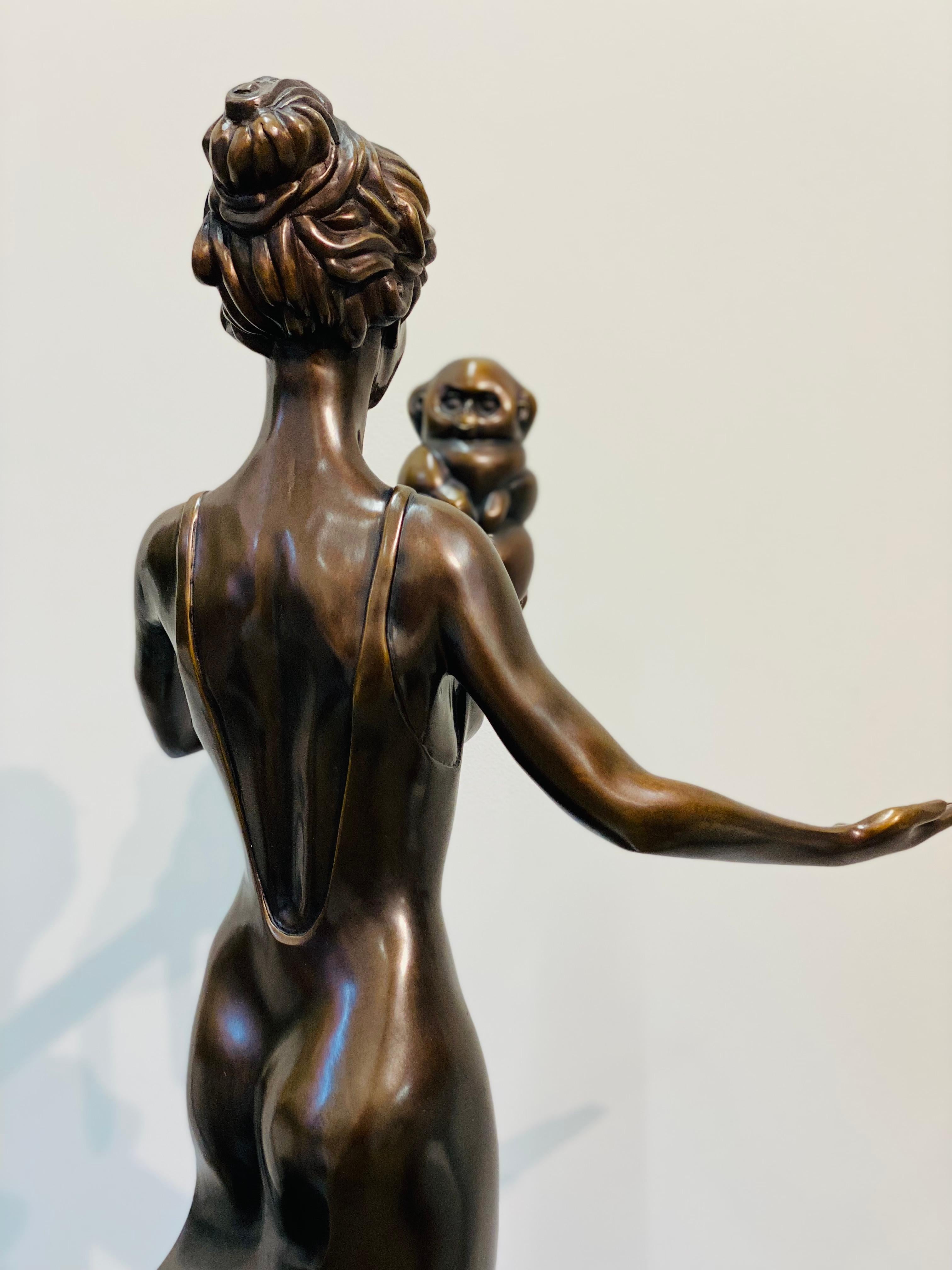 Reflectia, Woman with Monkey- 21st Century Contemporary Bronze Female Sculpture For Sale 1