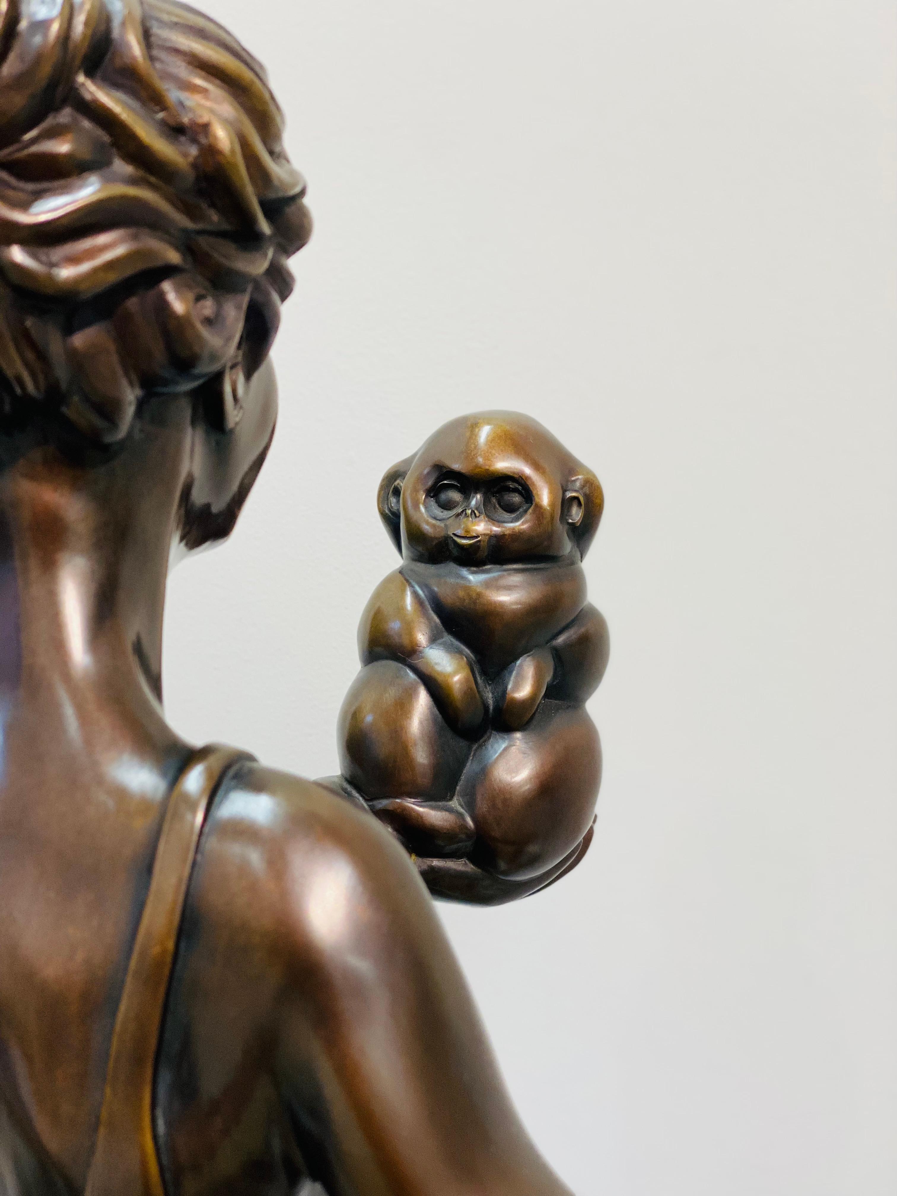 Reflectia, Woman with Monkey- 21st Century Contemporary Bronze Female Sculpture For Sale 2