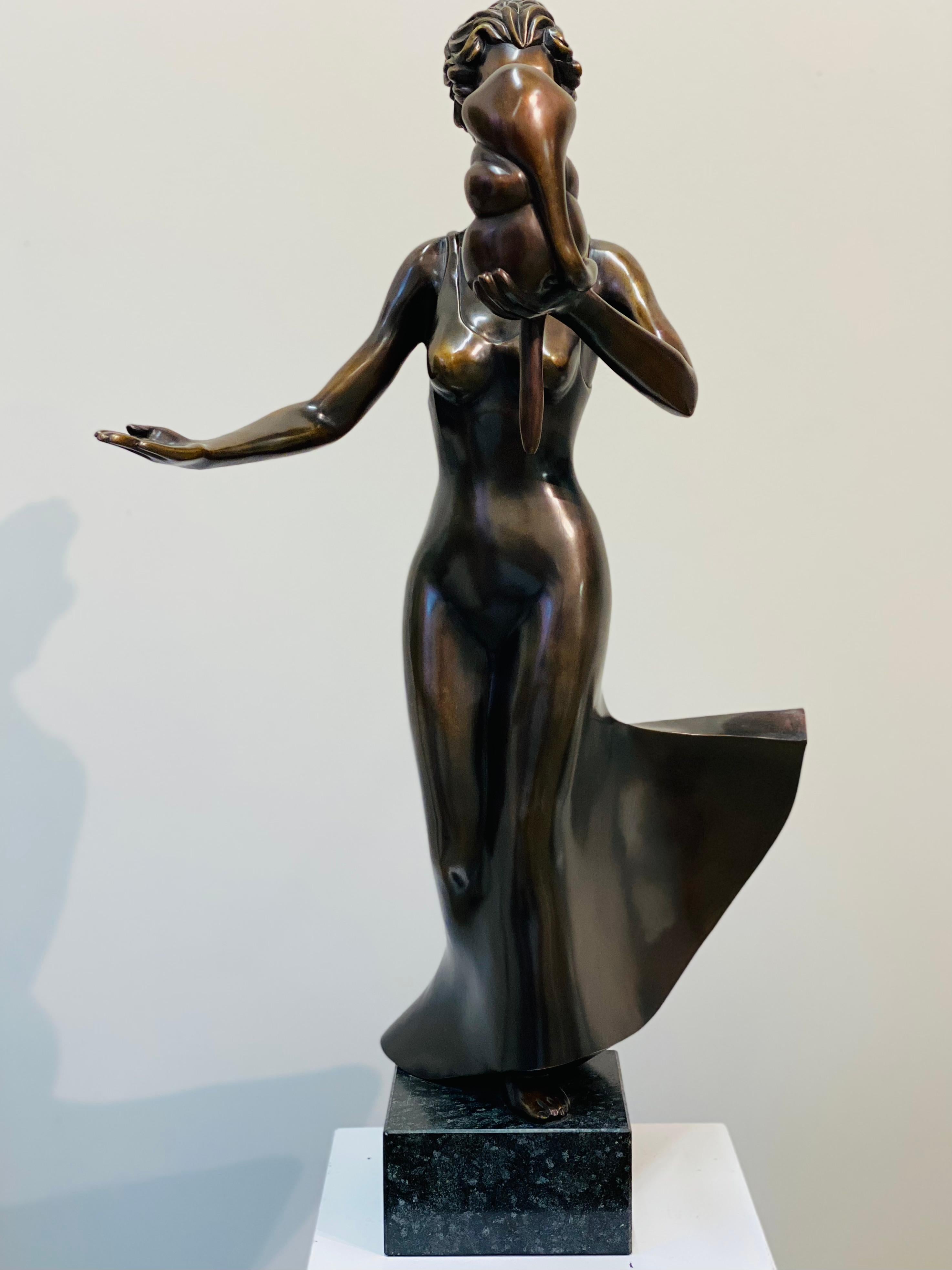 Frans van Straaten Figurative Sculpture - Reflectia, Woman with Monkey- 21st Century Contemporary Bronze Female Sculpture