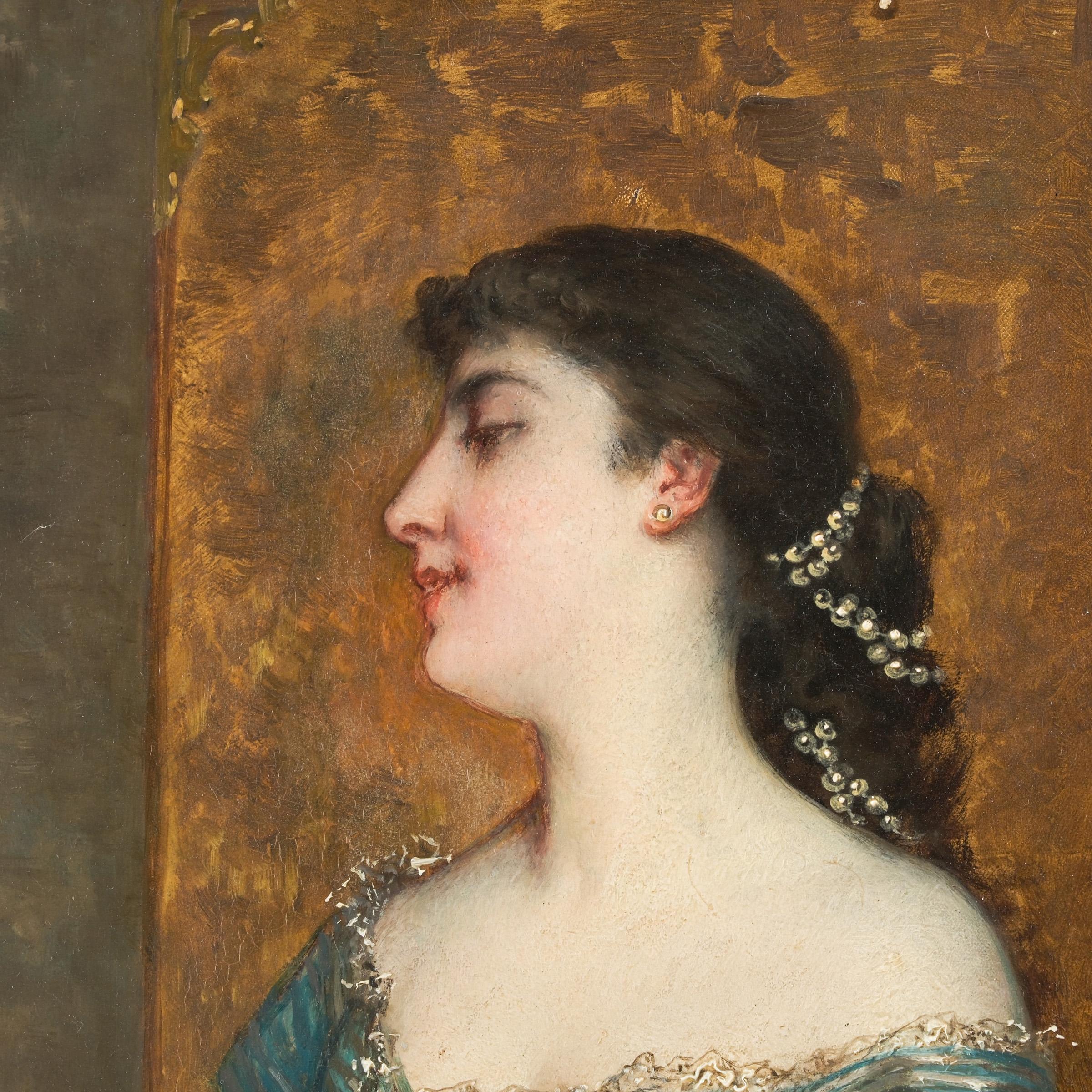 Painted Frans Verhas „Devant le miroir“ 19th Century Oil Painting For Sale