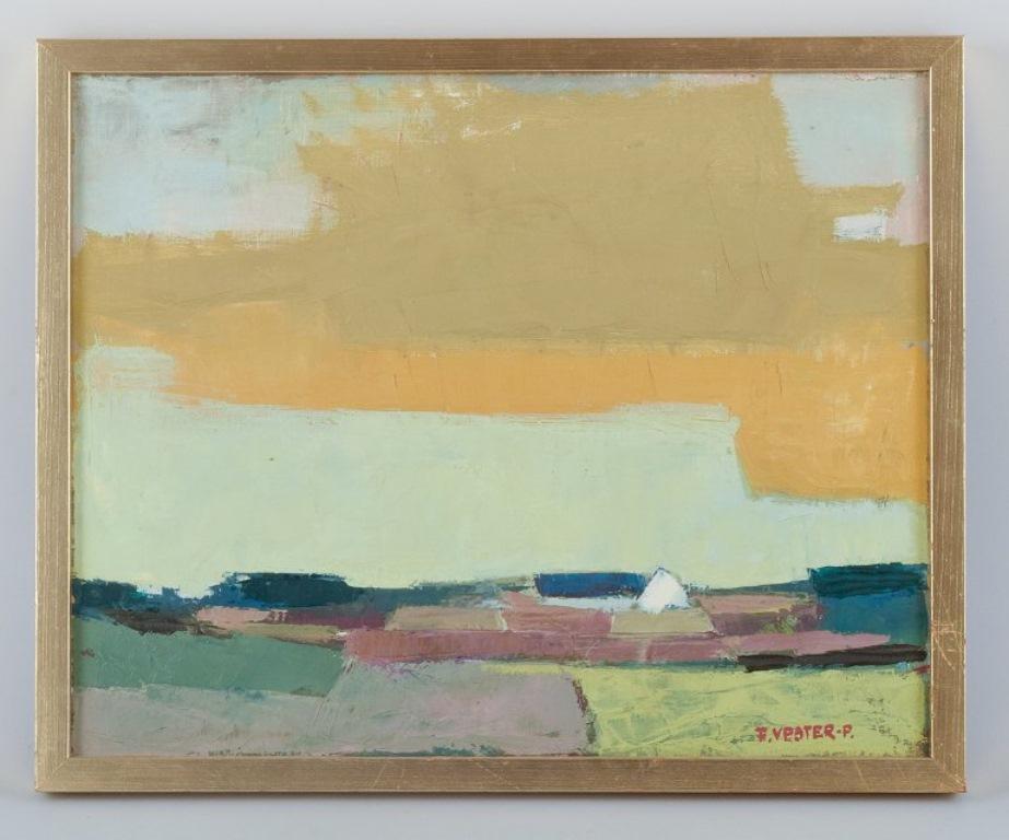 Frans Vester-Pedersen (1934-1972). Oil on canvas.
Modernist landscape with fields and a farm.
Approximately from the 1960s.
Signed.
Perfect condition.
Dimensions: W 40.0 cm x H 32.0 cm.
Total: W 42.4 cm x H 34.4 cm.