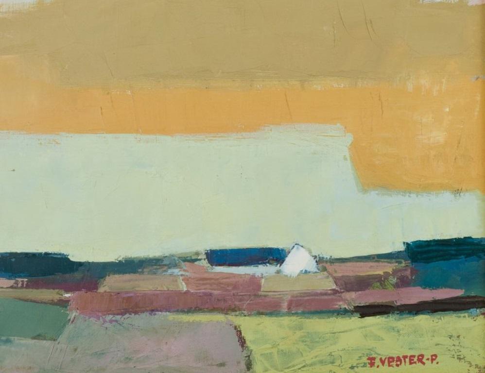 Scandinavian Frans Vester-Pedersen (1934-1972). Modernist landscape with fields and a farm.