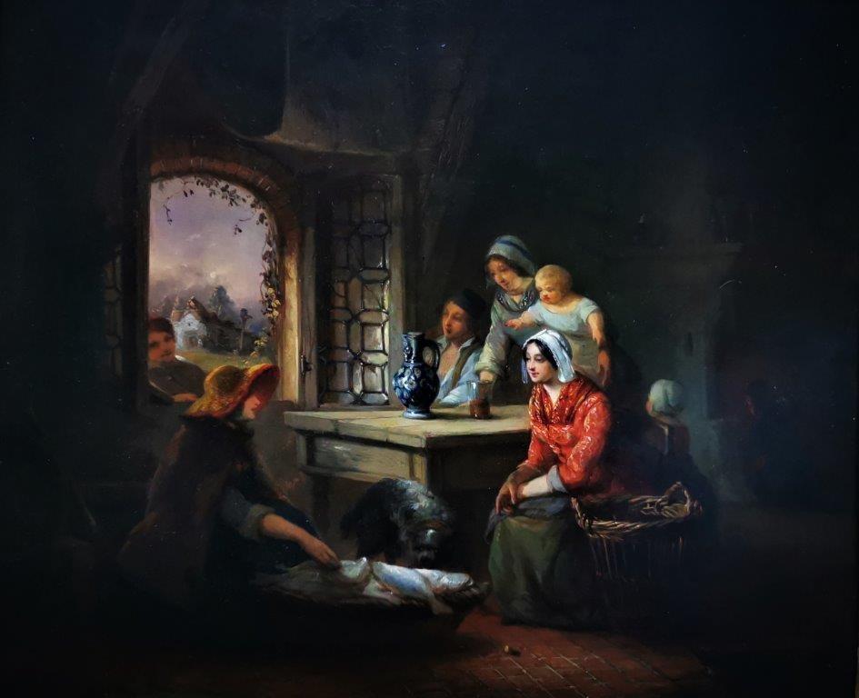 "Family Interior Scene, famille paysanne en Autriche du 19e siècle, huile sur papier originale
