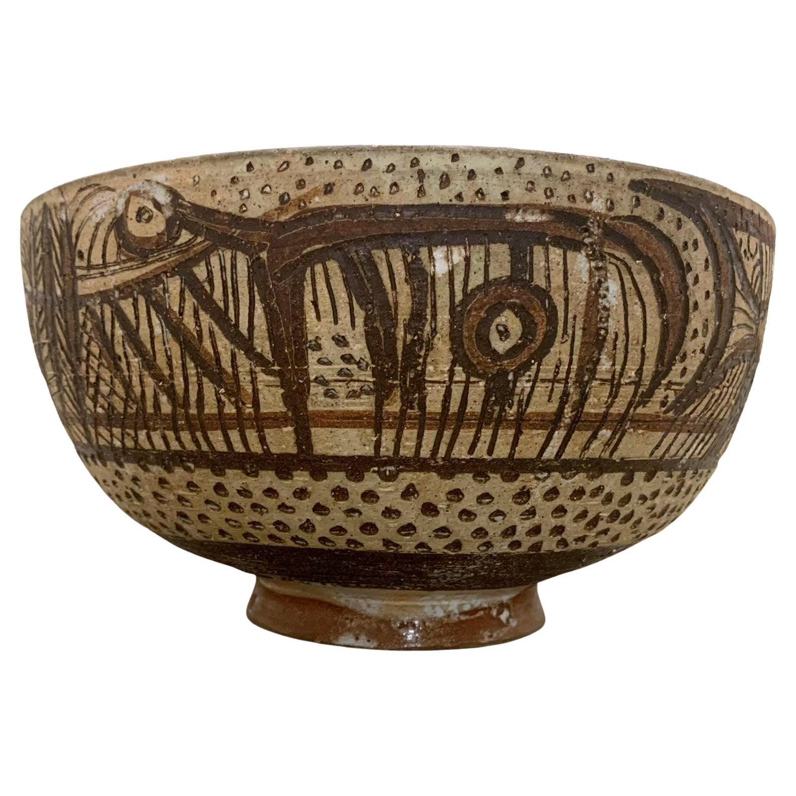 Ciotola in Studio Pottery di Frans Wildenhain decorata a graffio e a scivolo C.C. anni '50