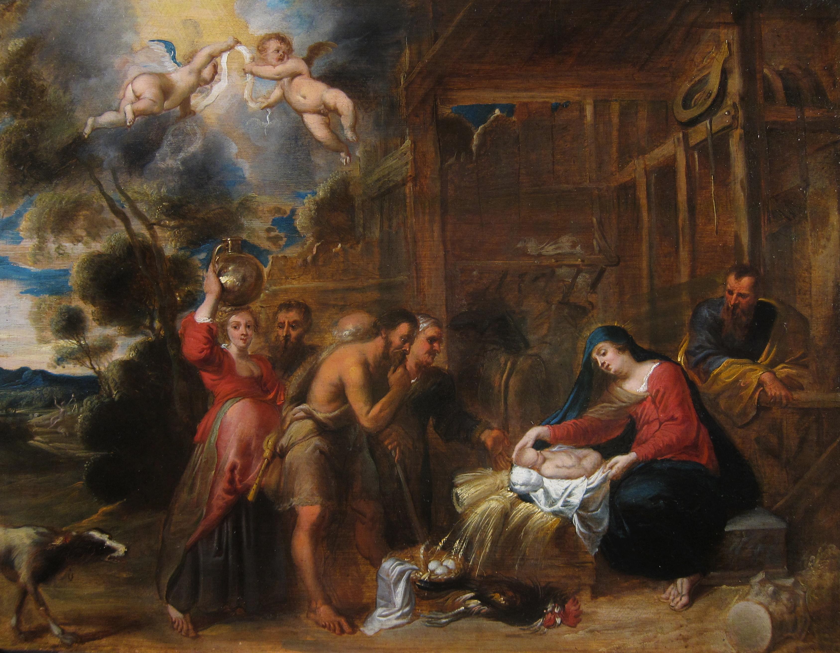 Frans Wouters, Schmückung der Hirten, Weihnachtsszene, Christus, flämische Schule – Painting von Frans Wouters (Lier 1612 – Antwerp 1659) 