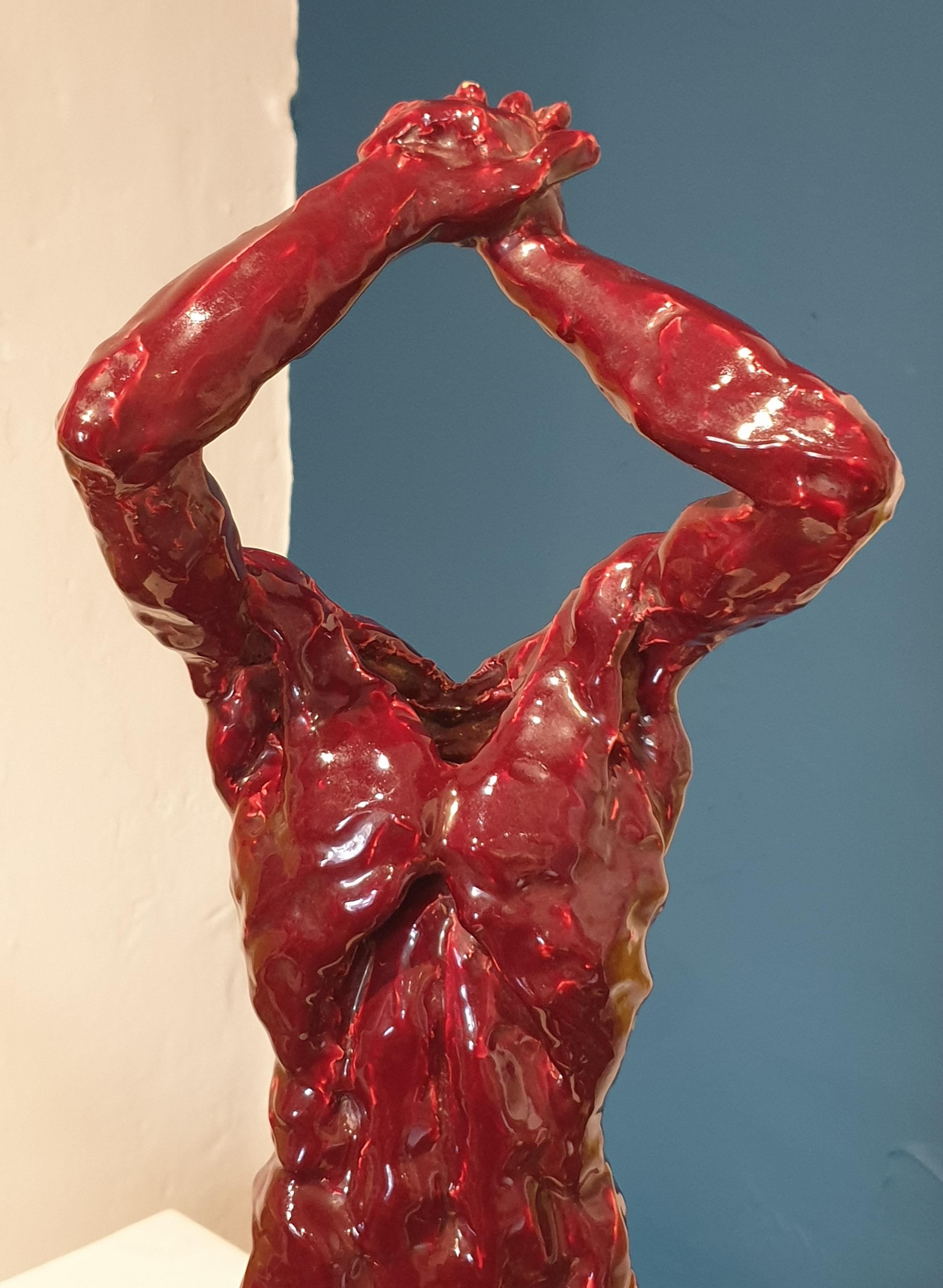 Mid-Century Nude Male Acephale Sang de Boeuf Ceramic Sculpture with Marble Base. For Sale 5