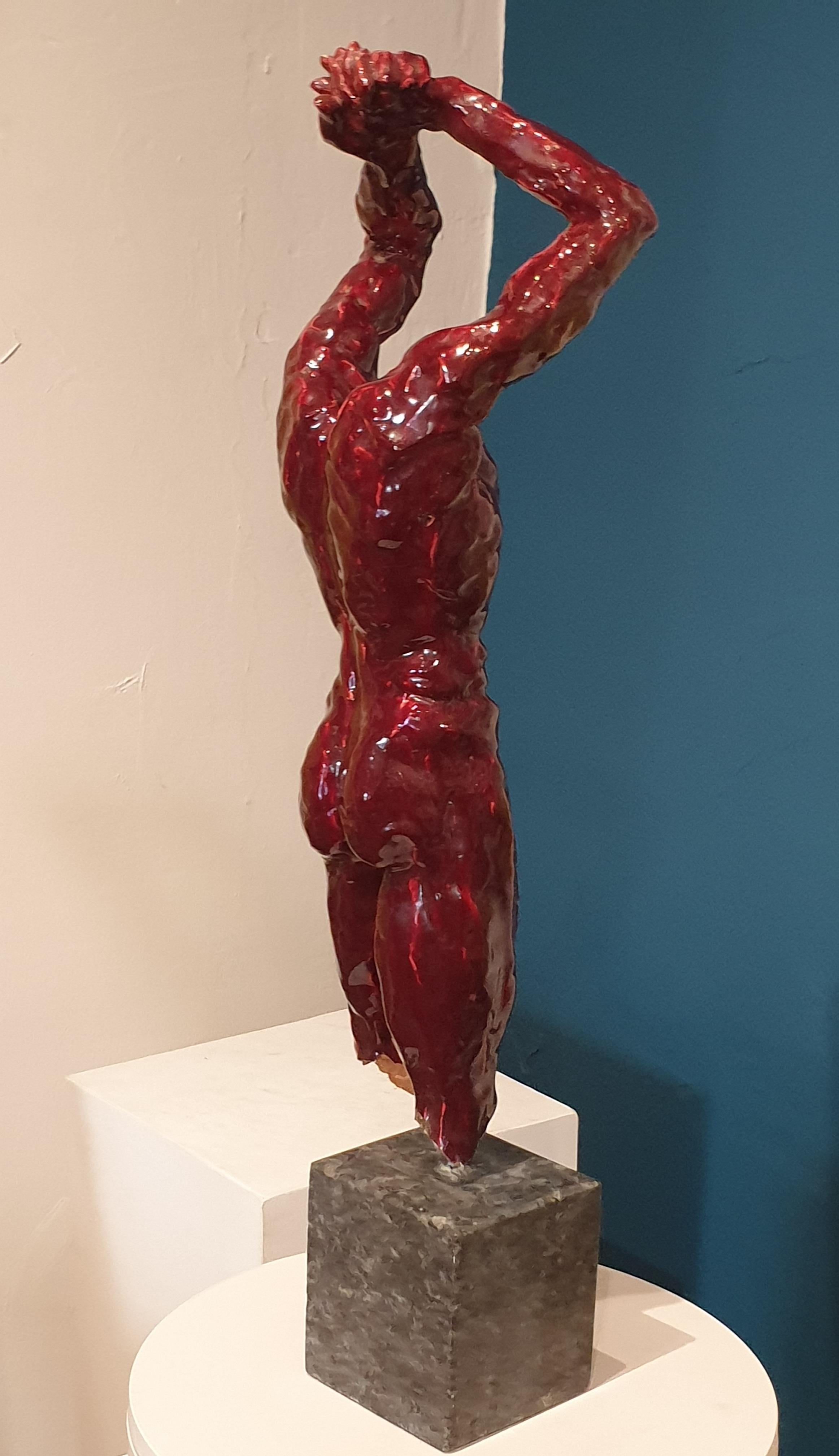 Mid-Century Nude Male Acephale Sang de Boeuf Ceramic Sculpture with Marble Base. For Sale 1