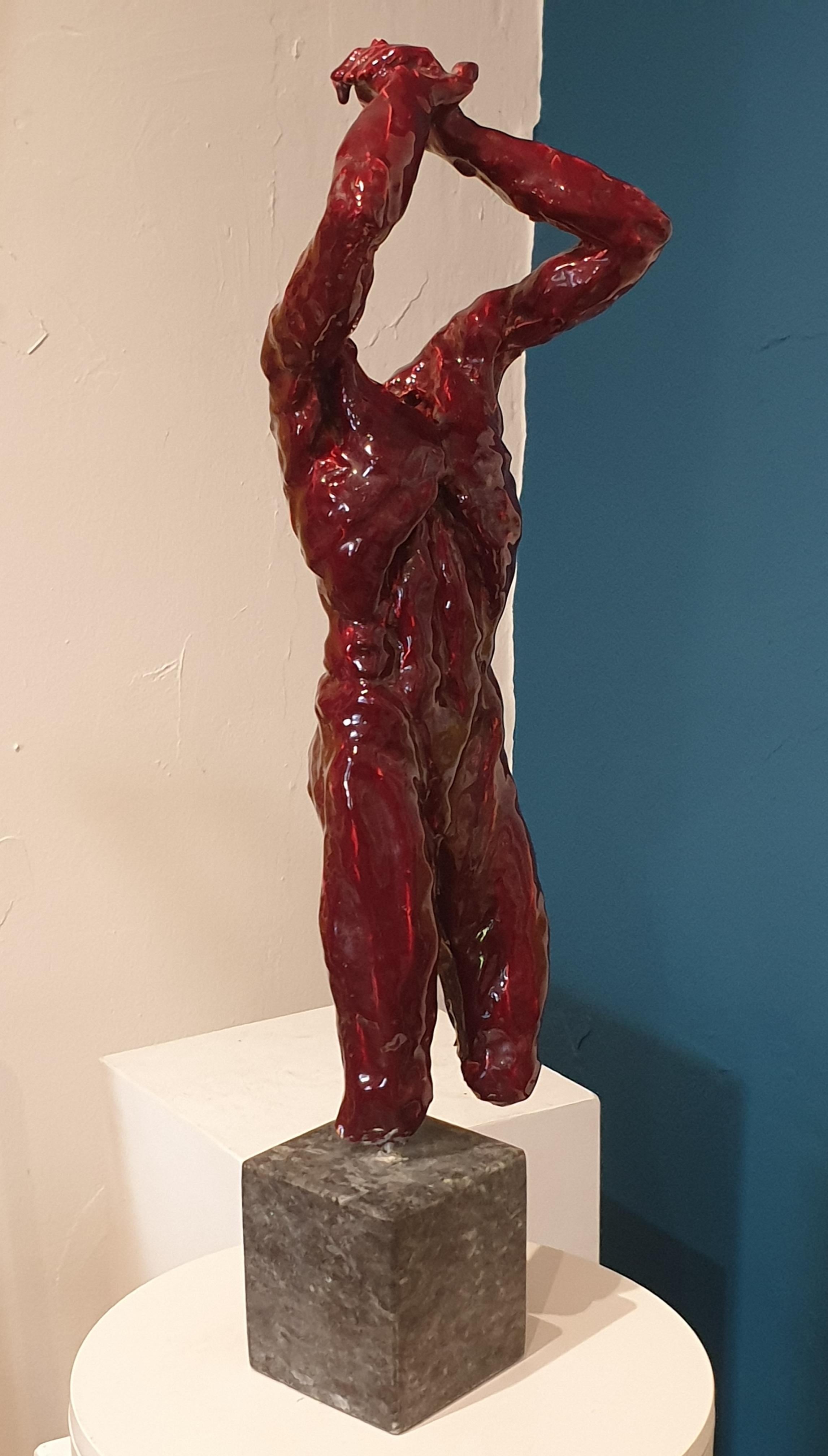Mid-Century Nude Male Acephale Sang de Boeuf Ceramic Sculpture with Marble Base. For Sale 3