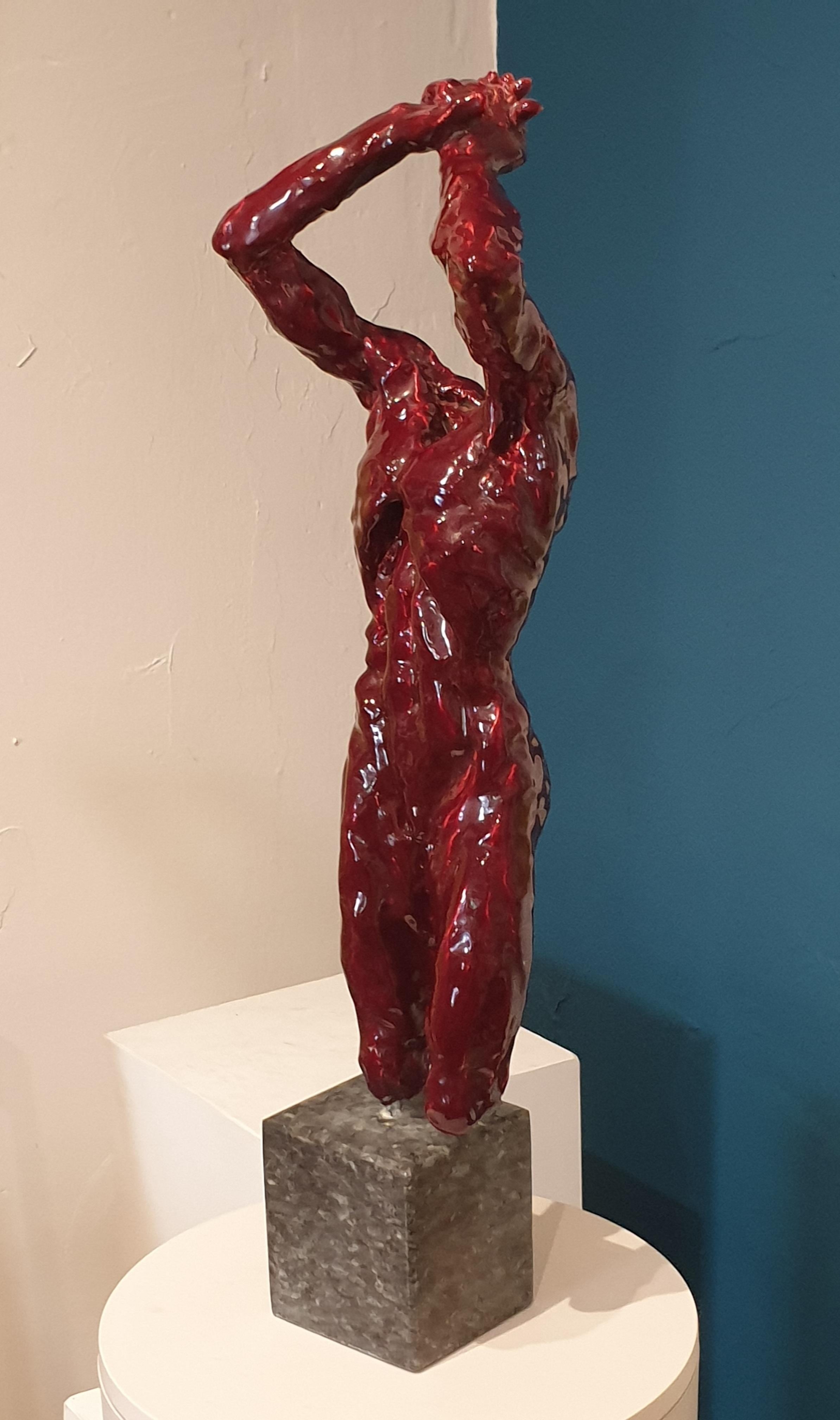 Mid-Century Nude Male Acephale Sang de Boeuf Ceramic Sculpture with Marble Base.