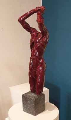 Mid-Century Nude Male Acephale Sang de Boeuf Ceramic Sculpture with Marble Base.