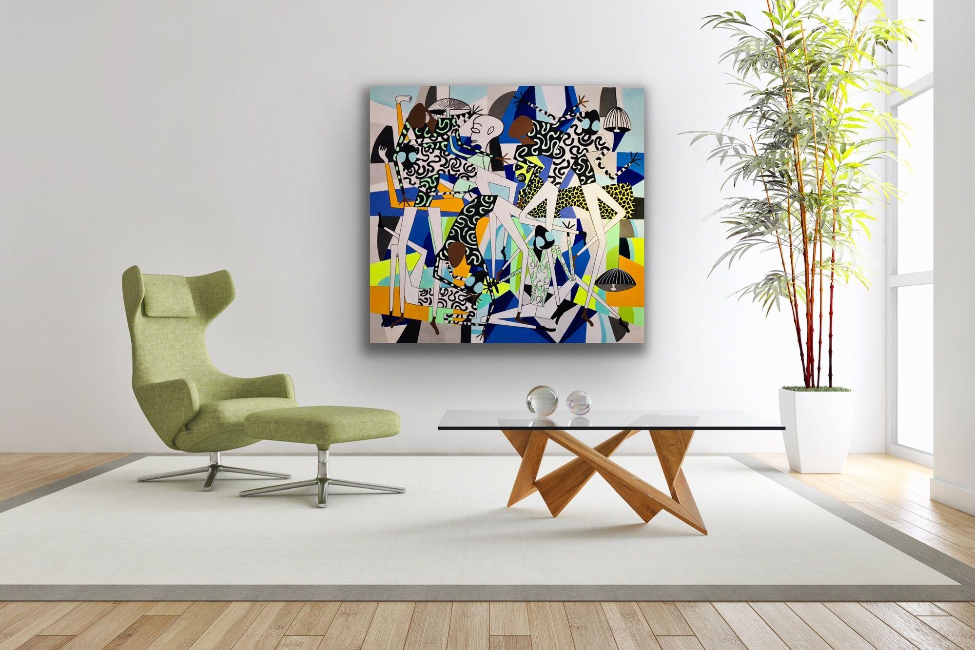 acrylmalerei auf der Leinwand, inspiriert durch afrikanische Kunst, zeitgenössische Kunstrichtungen. Das Kunstwerk zeigt 7 afrikanische Figuren, die auf einem kubistischen Hintergrund tanzen. Der Schaffensprozess wird von neuer Musik und der