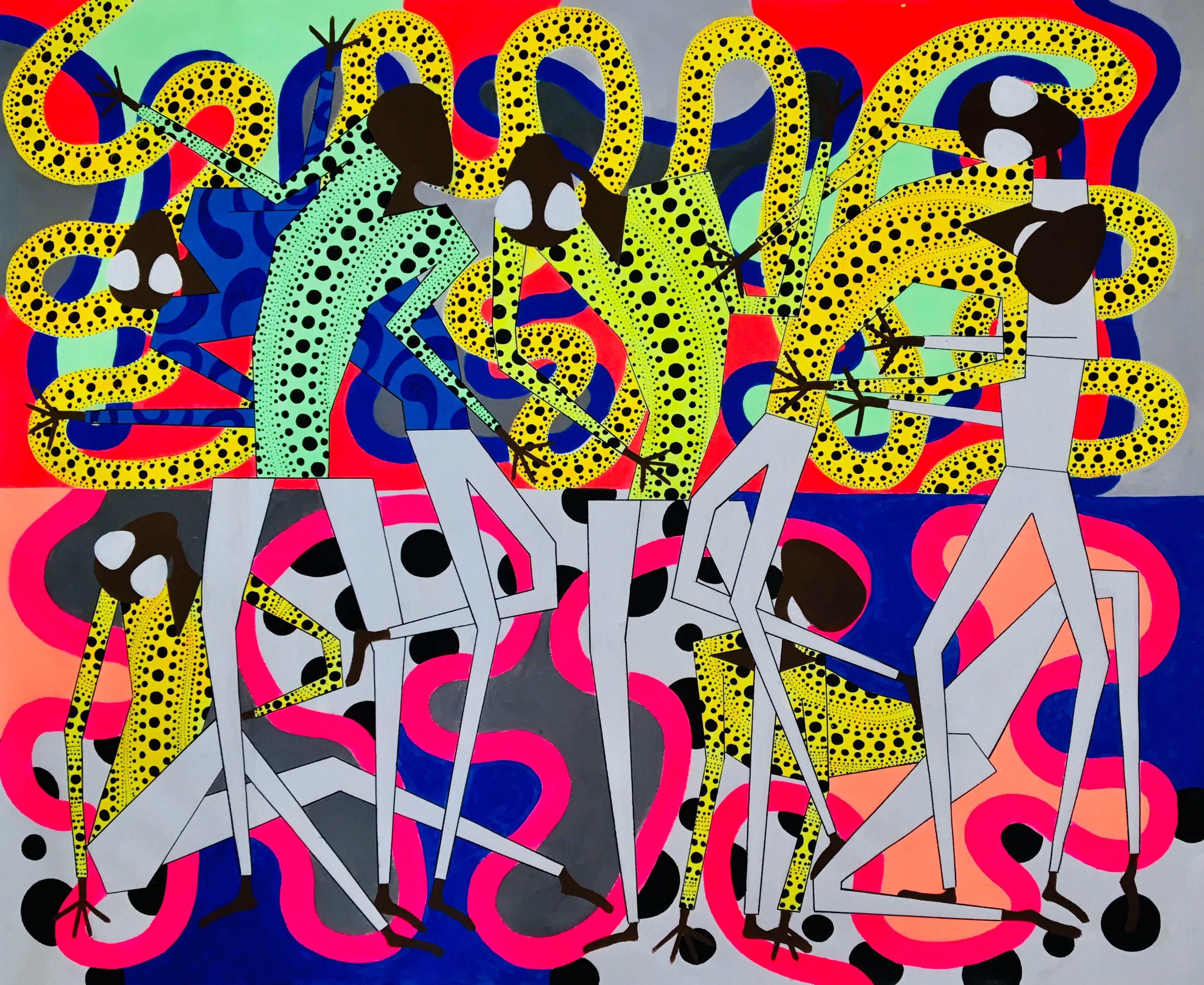 acrylic painting on the canvas inspired by african art and contemporary art directions. Influenced by Japan artist Kusama. The process of the painting was as usually influenced by current mood and by listening fresh music. :: Painting ::