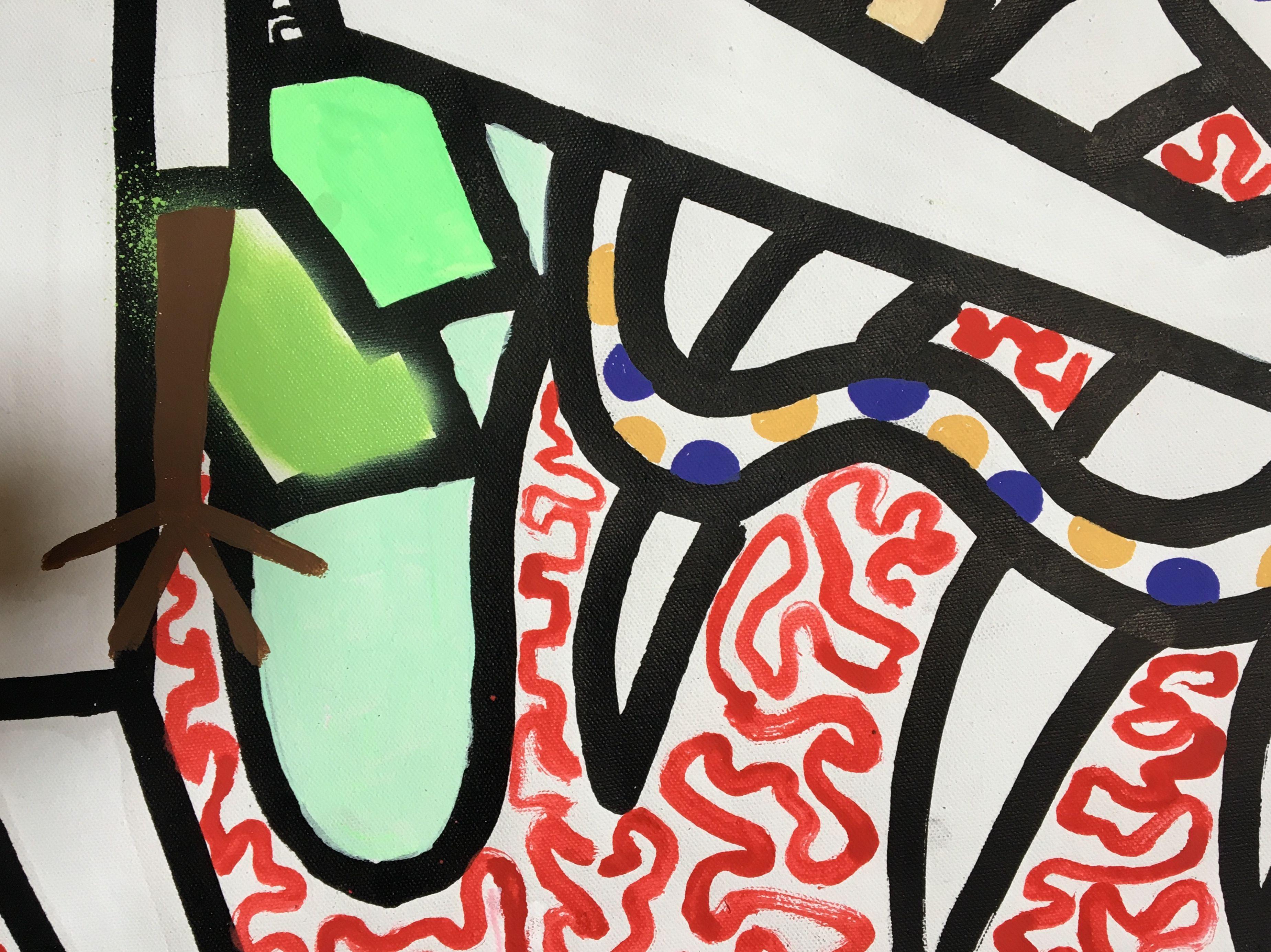 acrylmalerei auf der Leinwand, inspiriert von afrikanischen und zeitgenössischen Kunstrichtungen. CANVAS 153 zeigt einige afrikanisch anmutende Figuren auf einem Hintergrund, der stark von Harings Kunstwerken inspiriert ist. Hintergrund mit