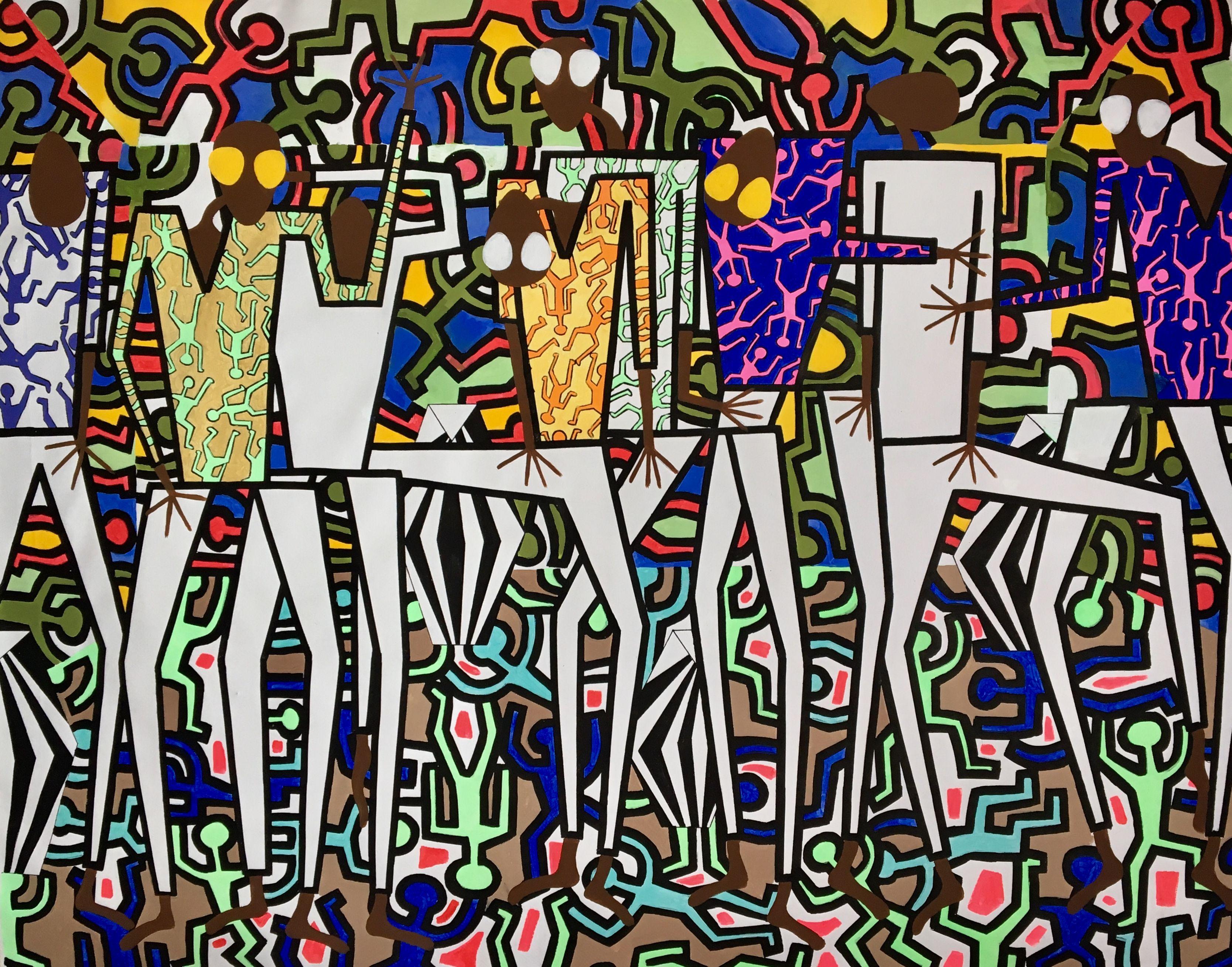 acrylic painting on the canvas inspired by african, Japan and contemporary art directions. CANVAS 162 express some african-like figures with sunglasses decorated with Haring's small decoratins. The figures are on background highly inspired by Keith