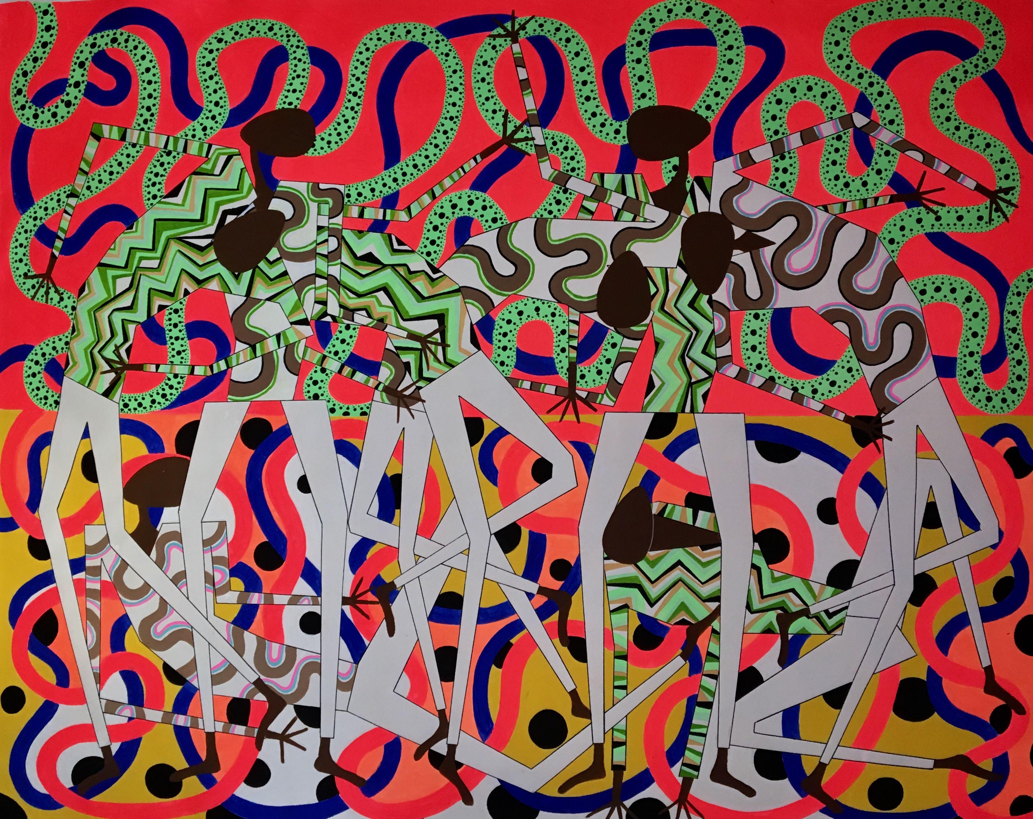 acrylic painting on the canvas inspired by african, Japan and contemporary art directions. CANVAS 163 african-like figures. The figures are on background highly inspired by japan, chinese art. I use high quality and bright colors (montana pigments,