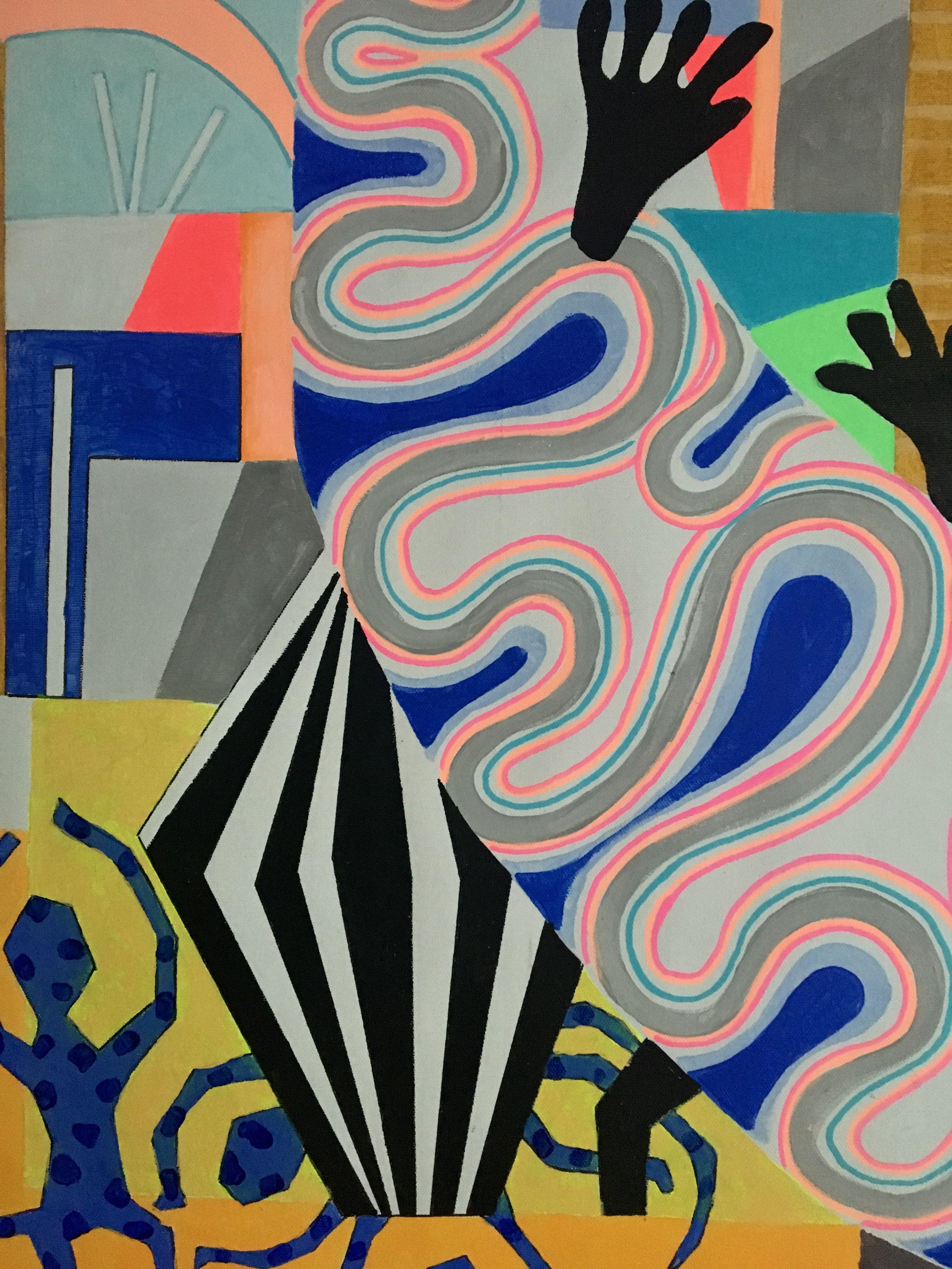 acrylmalerei auf der Leinwand, inspiriert von afrikanischen, mexikanischen und zeitgenössischen Kunstrichtungen. CANVAS 168 drückt afrikanisch anmutende Figuren auf einem Hintergrund aus, der stark von Matisse's Collagen inspiriert ist, aber dieses